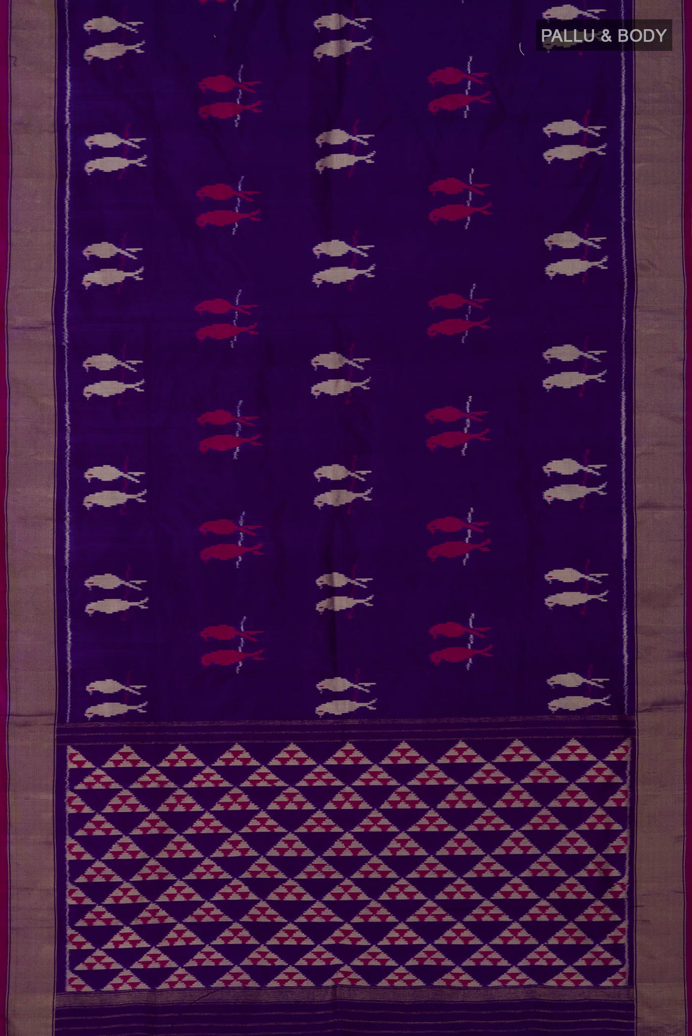 Flat view of Purple Pochampally Saree with Ikat design on the body and Zari Border. 