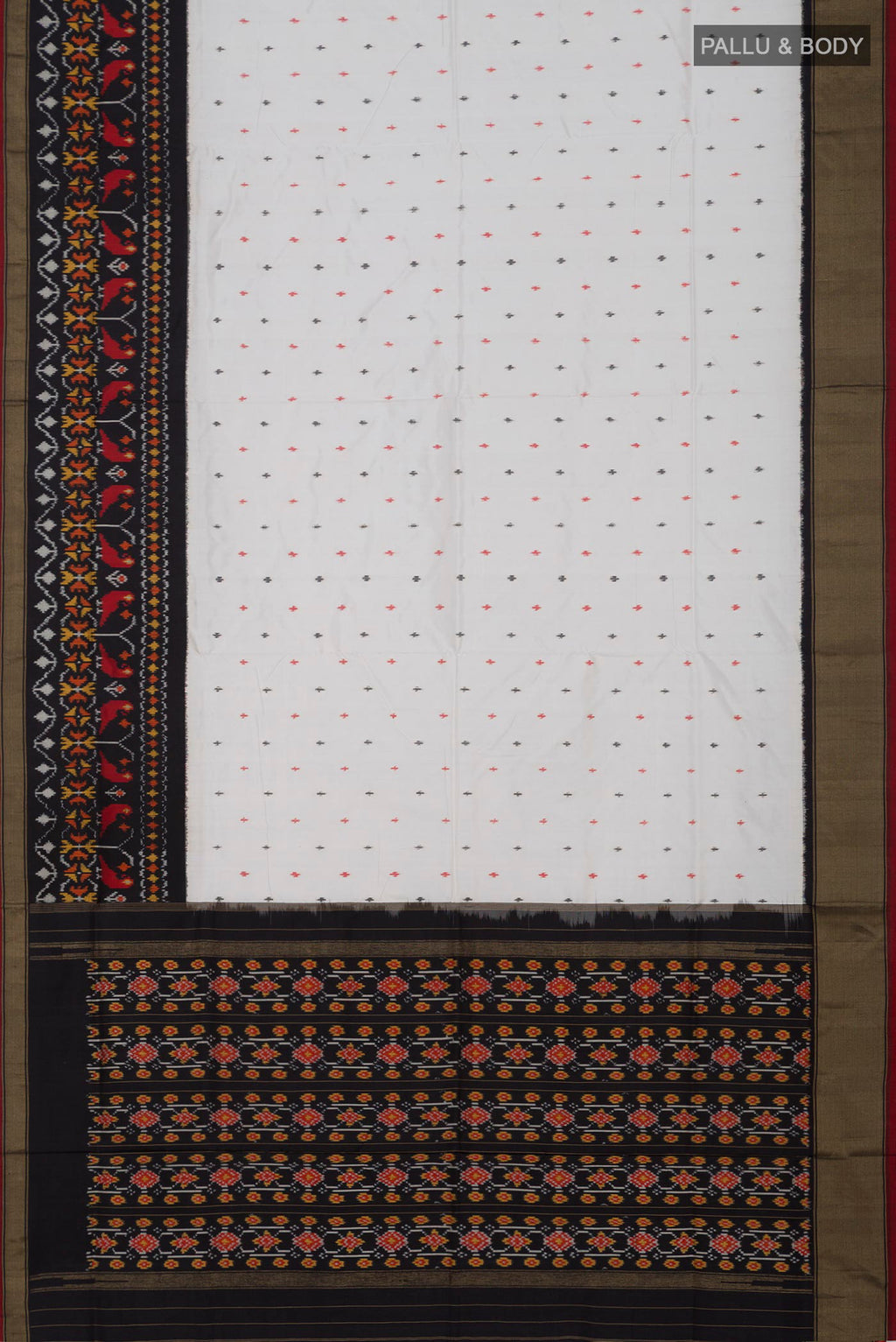 Flat view of White Pochampally Saree with Ikat Print on the body and Ikat Border. 