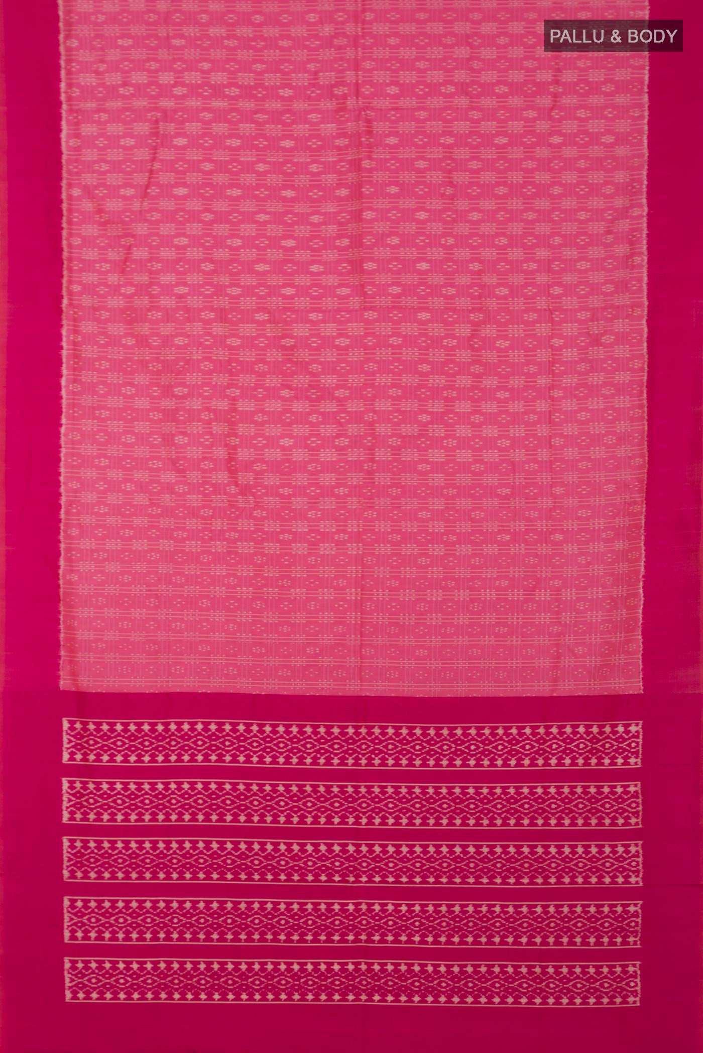 Flat view of Pink Pochampally Saree with Ikat Print on the body and Plain Border. 