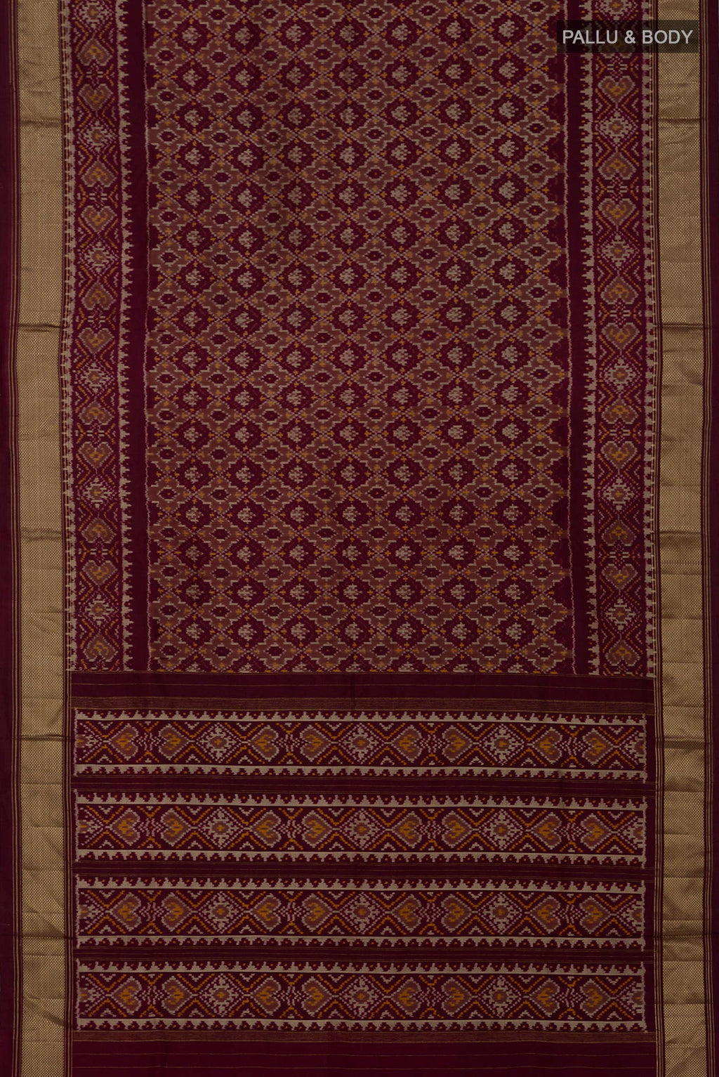 Flat view of Coffee Brown Pochampally Saree with Ikat design on the body and Zari Border. 