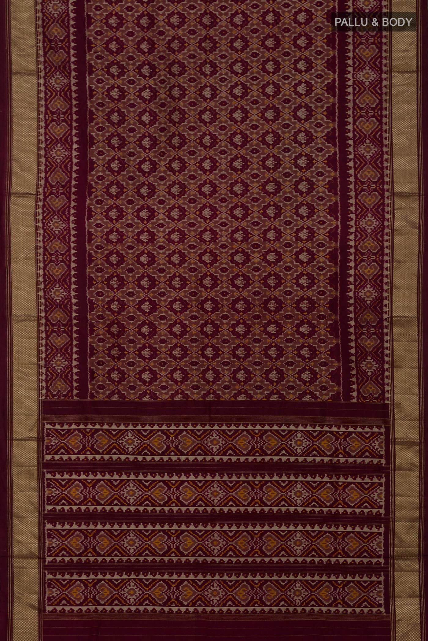 Flat view of Coffee Brown Pochampally Saree with Ikat design on the body and Zari Border. 