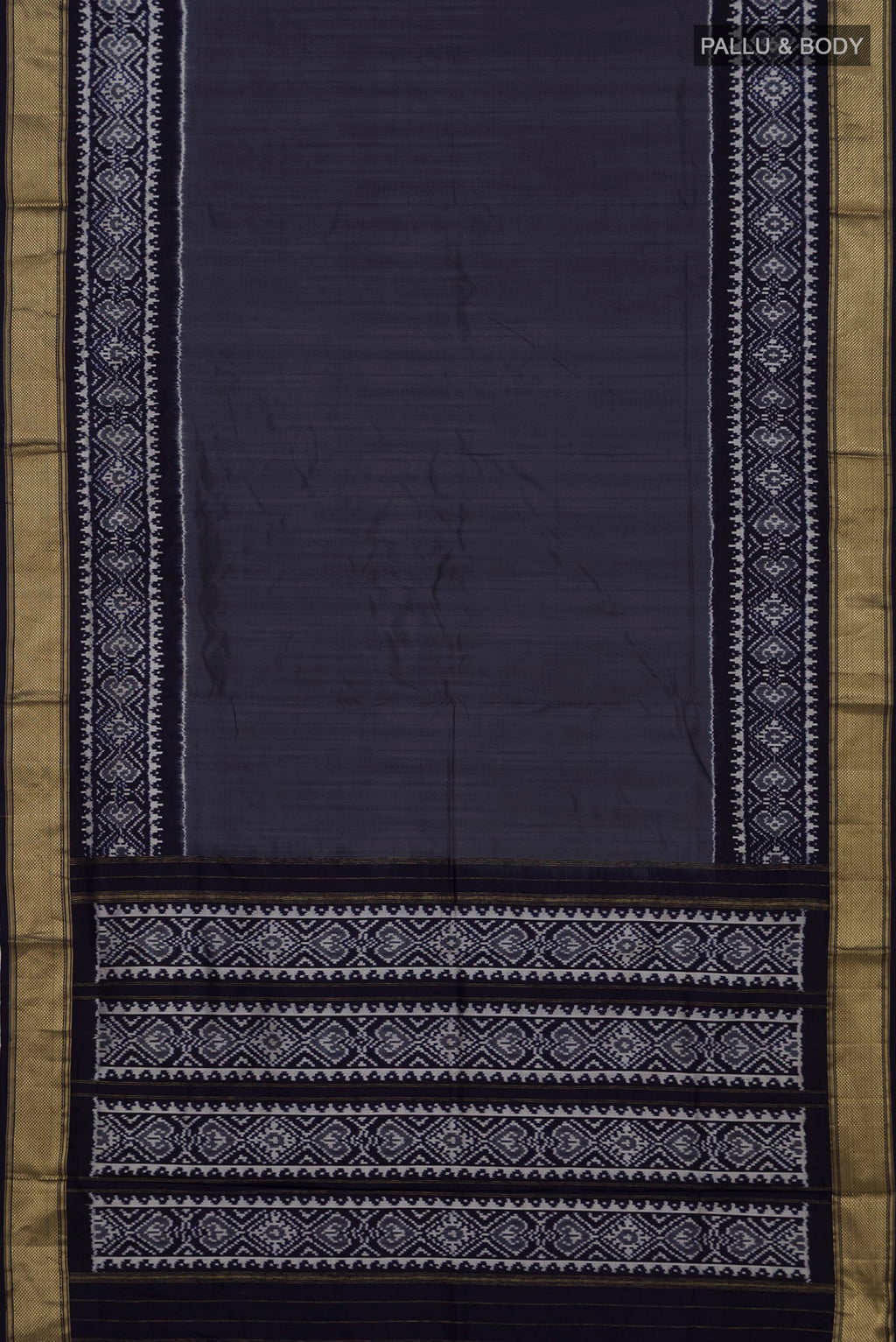 Flat view of Blue Grey Pochampally Silk Saree with Plain Body and Zari Border. 