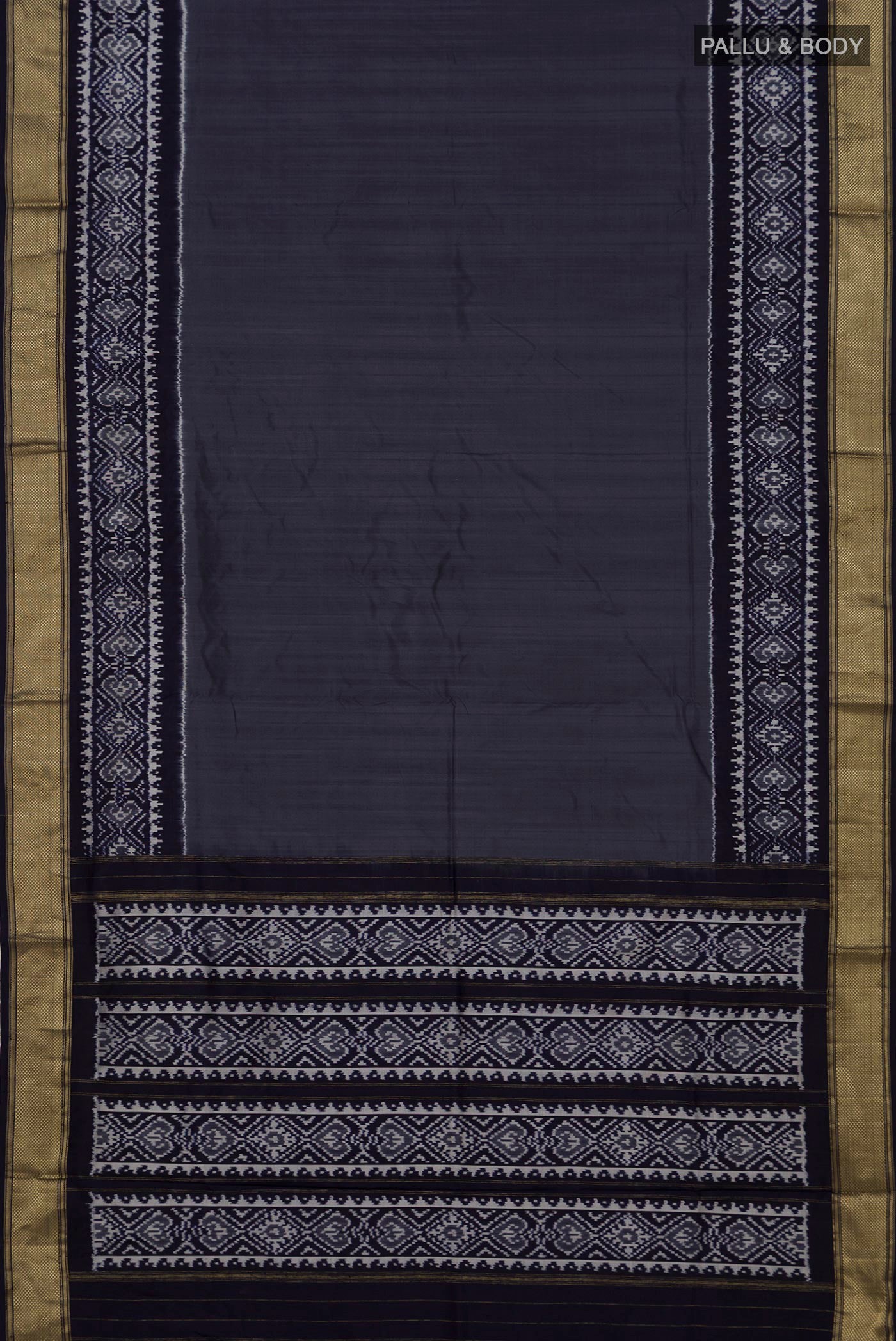 Flat view of Blue Grey Pochampally Silk Saree with Plain Body and Zari Border. 