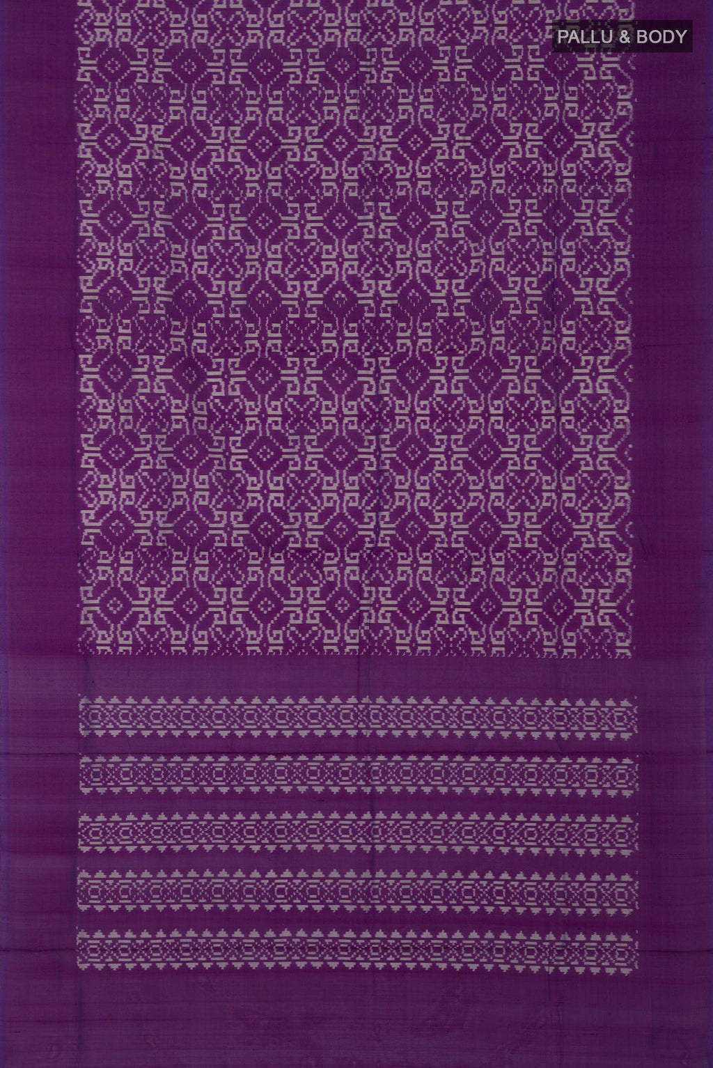 Flat view of Pure Silk Pure Zari Purple Pochampally Saree with Ikat Print on the body and Plain Border. 
