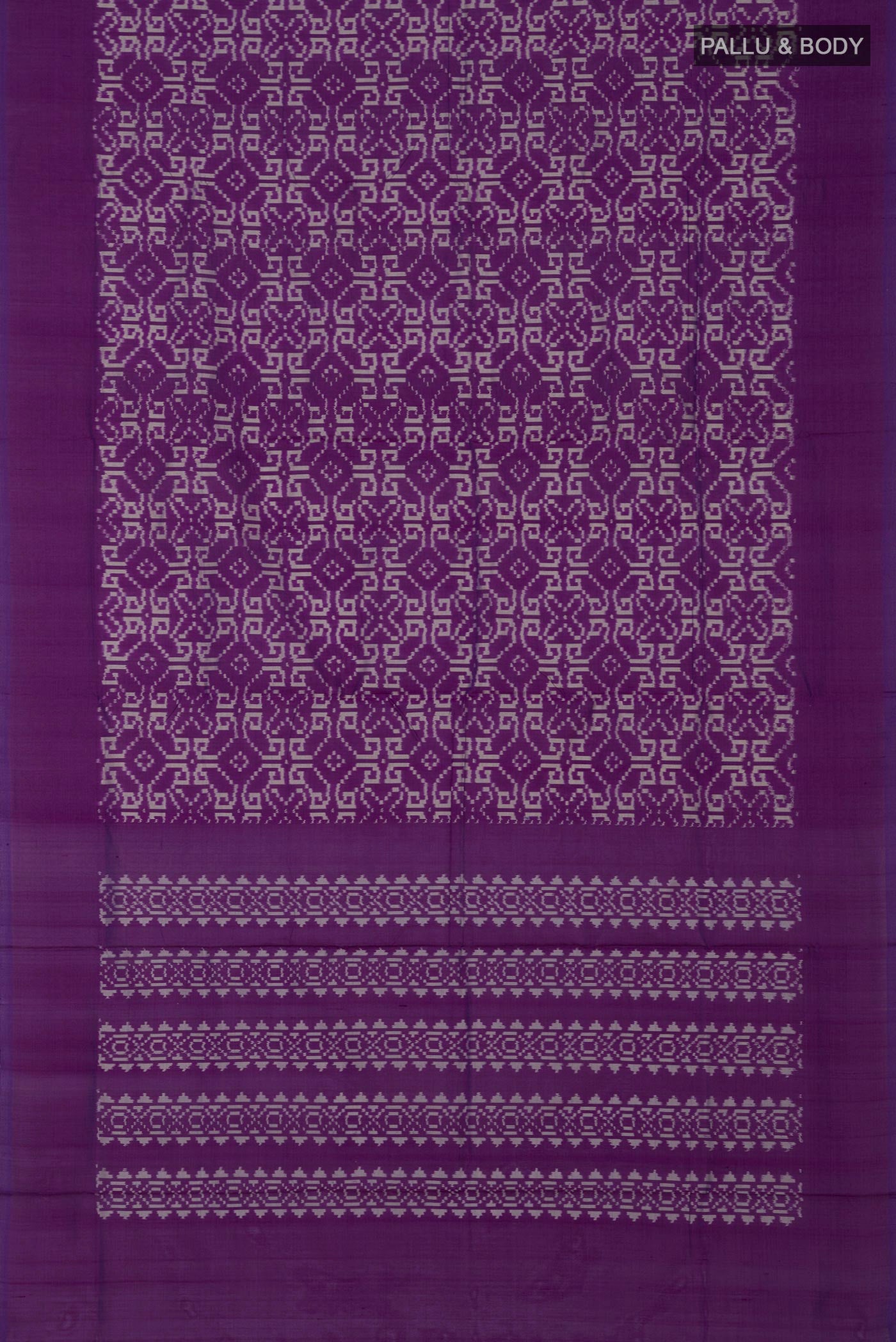 Flat view of Pure Silk Pure Zari Purple Pochampally Saree with Ikat Print on the body and Plain Border. 