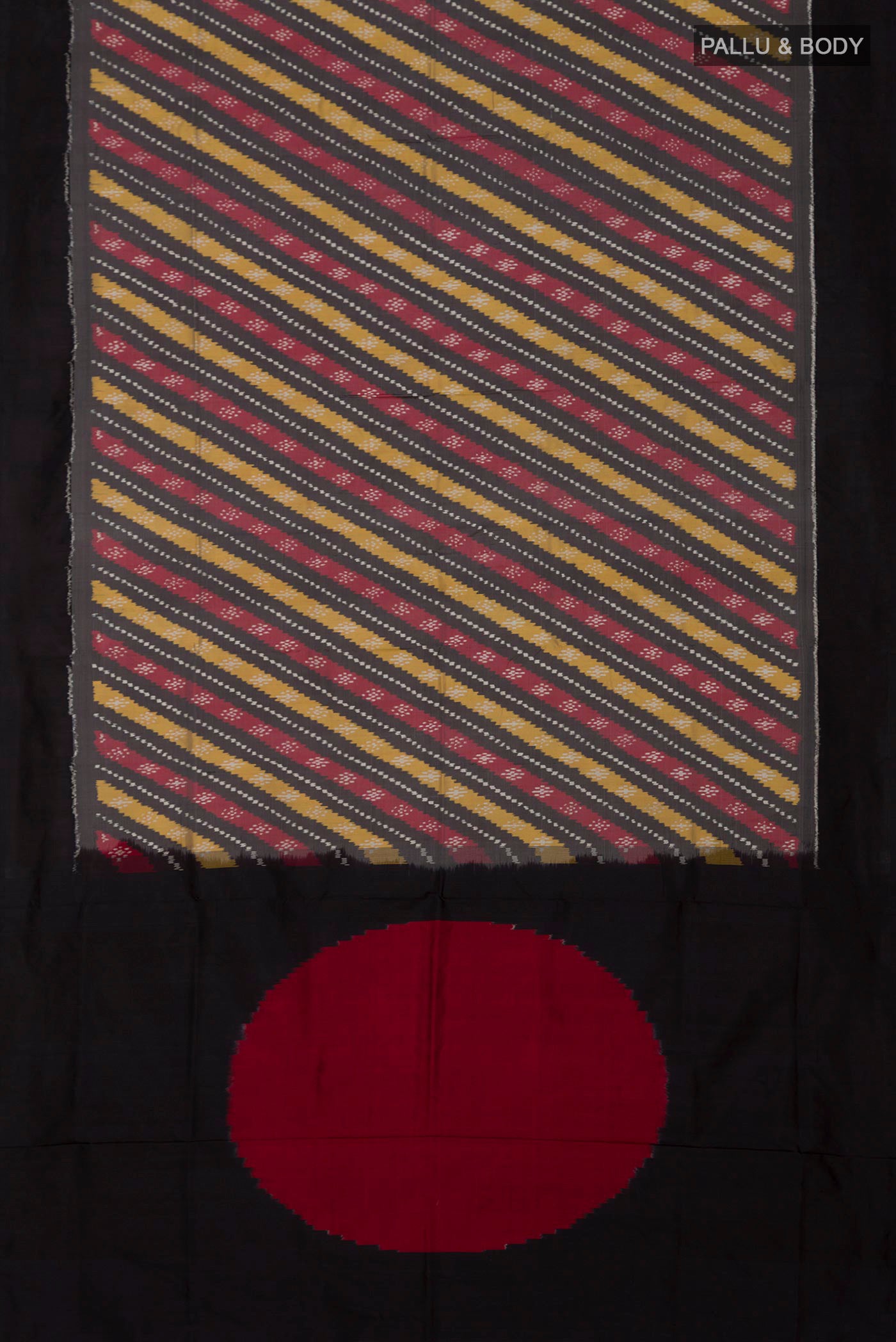 Flat view of Grey Pochampally Silk Saree with Ikat design on the body and Plain Border. 