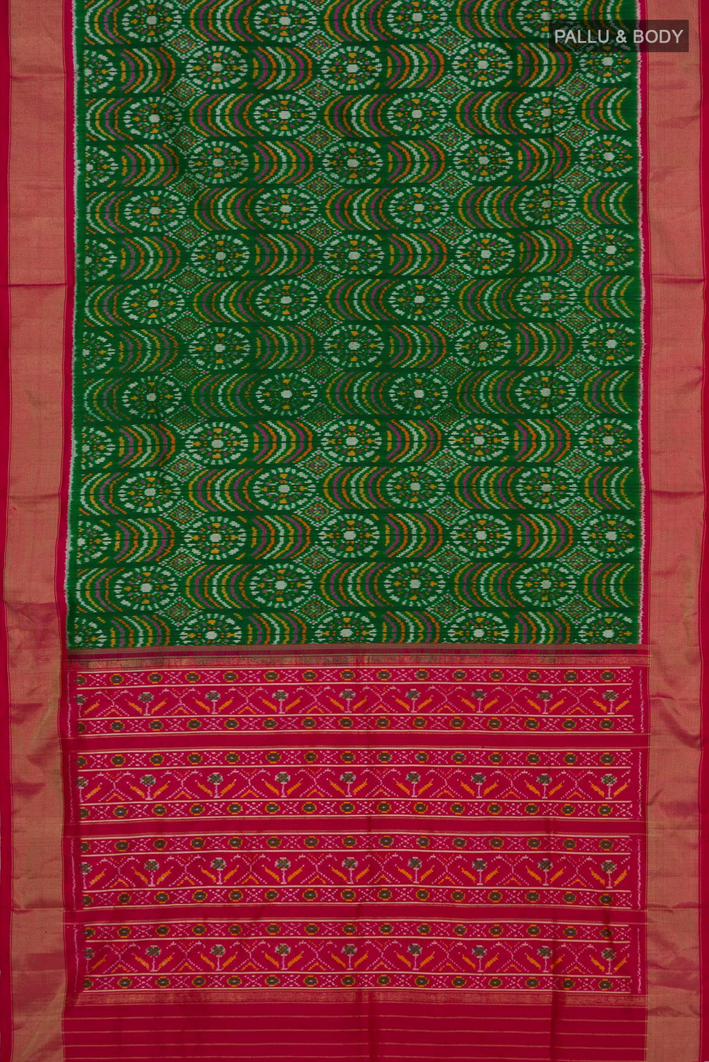 Flat view of Green Pochampally Silk Saree with Ikat design on the body and Zari Border. 