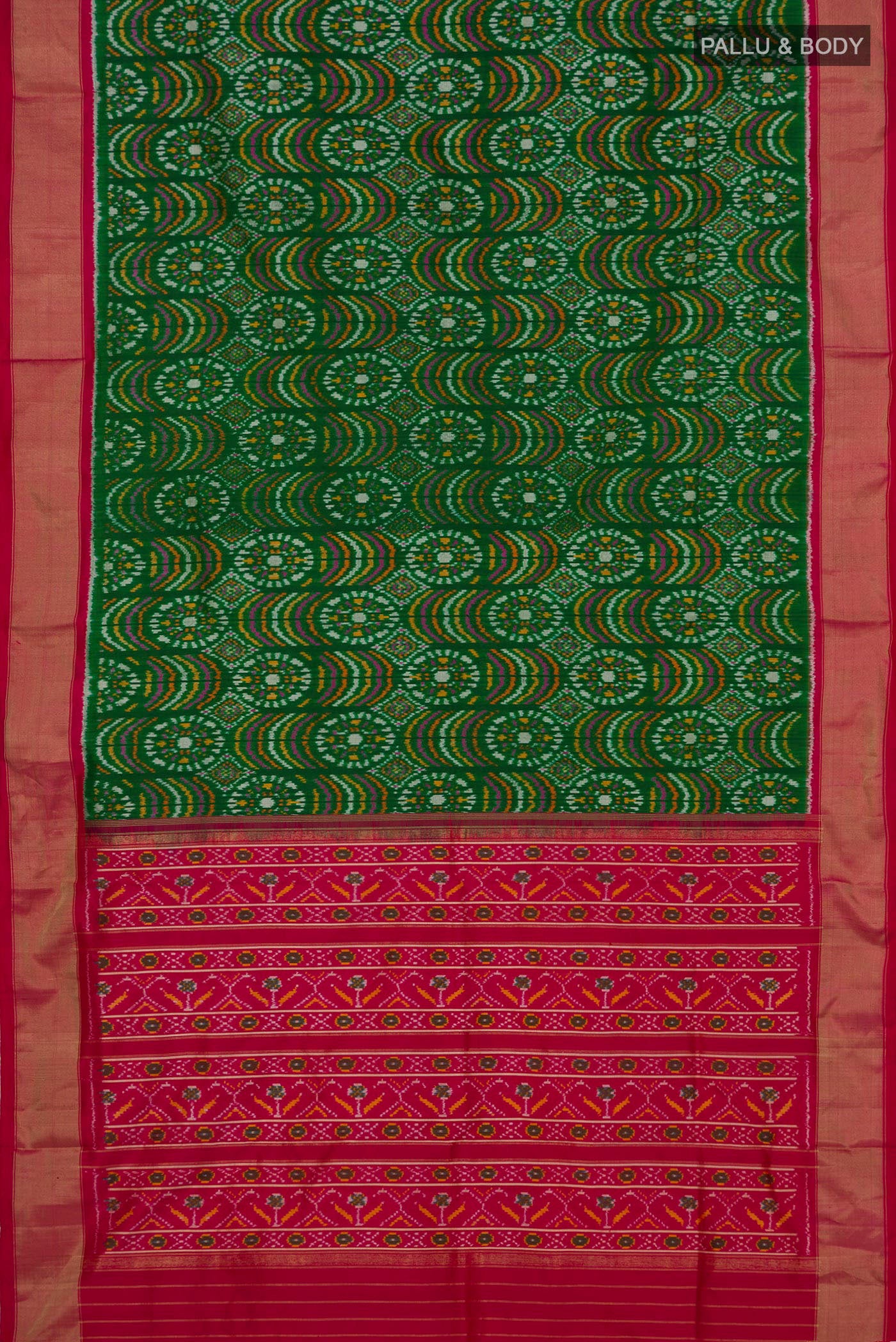 Flat view of Green Pochampally Silk Saree with Ikat design on the body and Zari Border. 