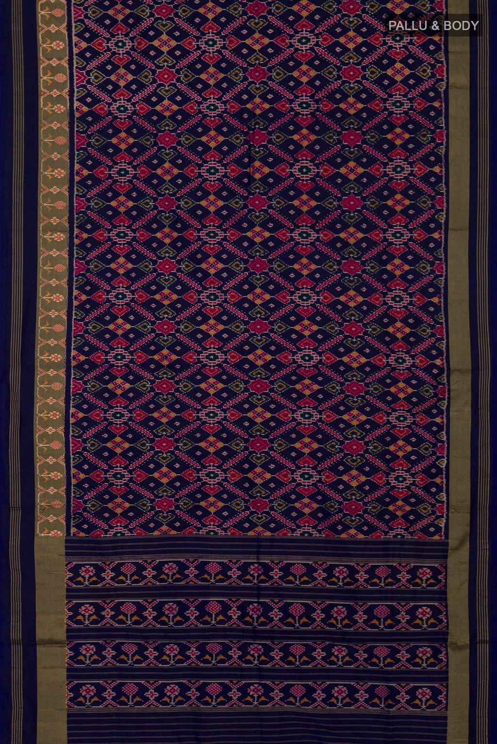 Flat view of Blue Pochampally Saree with Ikat Print on the body and Zari Border. 