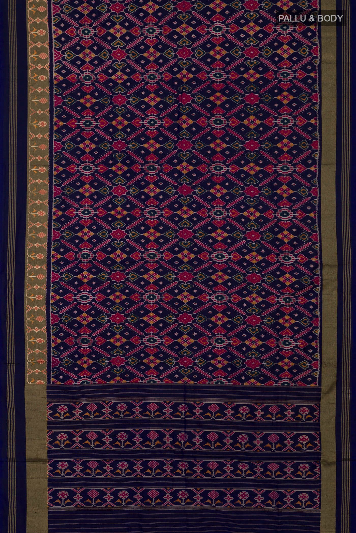 Flat view of Blue Pochampally Saree with Ikat Print on the body and Zari Border. 