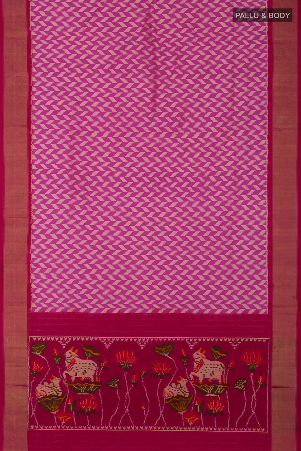 Flat view of Pink Pochampally Silk Saree with Ikat design on the body and Zari Border. 