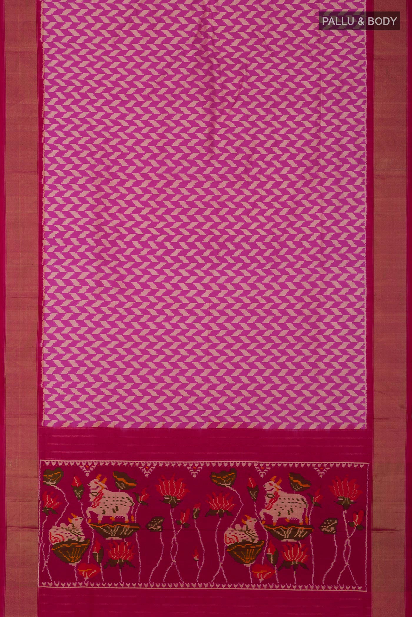 Flat view of Pink Pochampally Silk Saree with Ikat design on the body and Zari Border. 