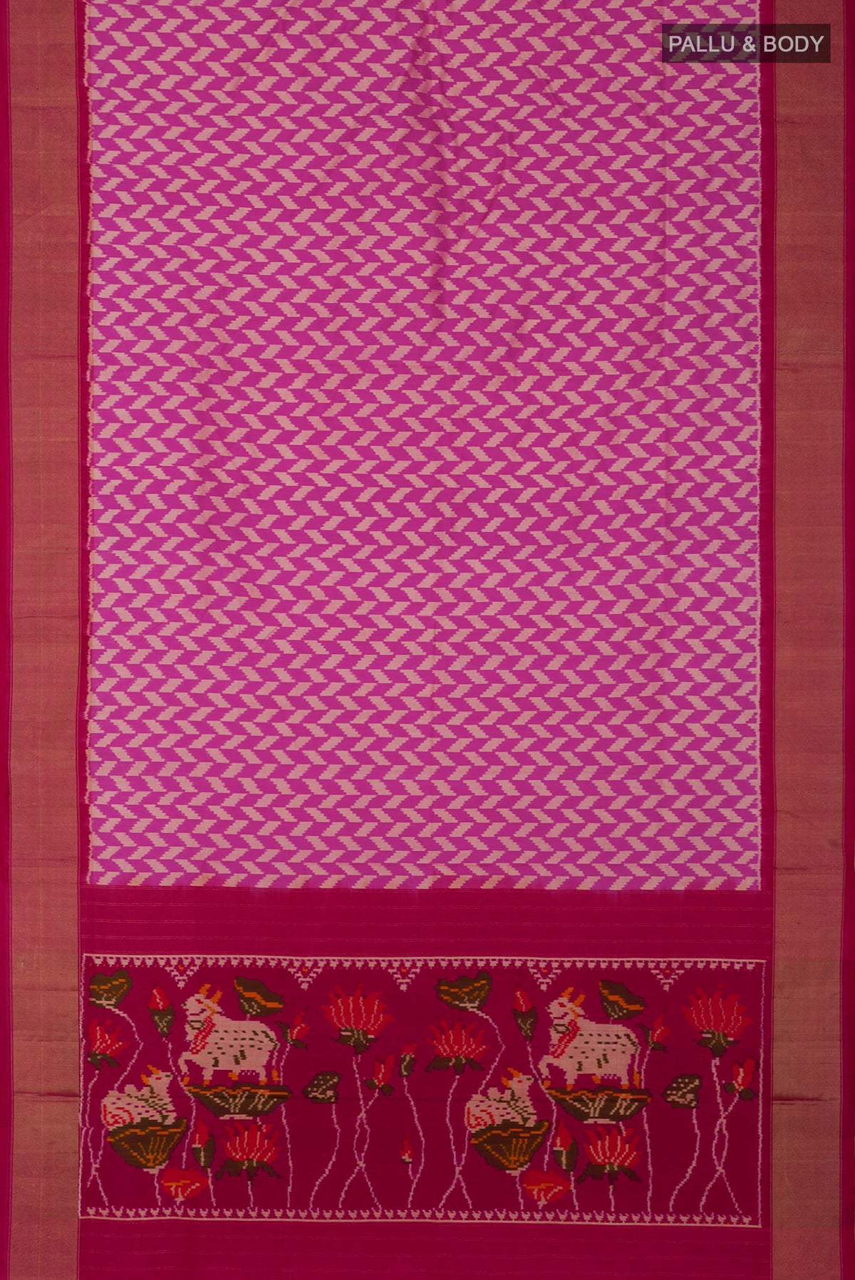 Flat view of Pink Pochampally Silk Saree with Ikat design on the body and Zari Border. 