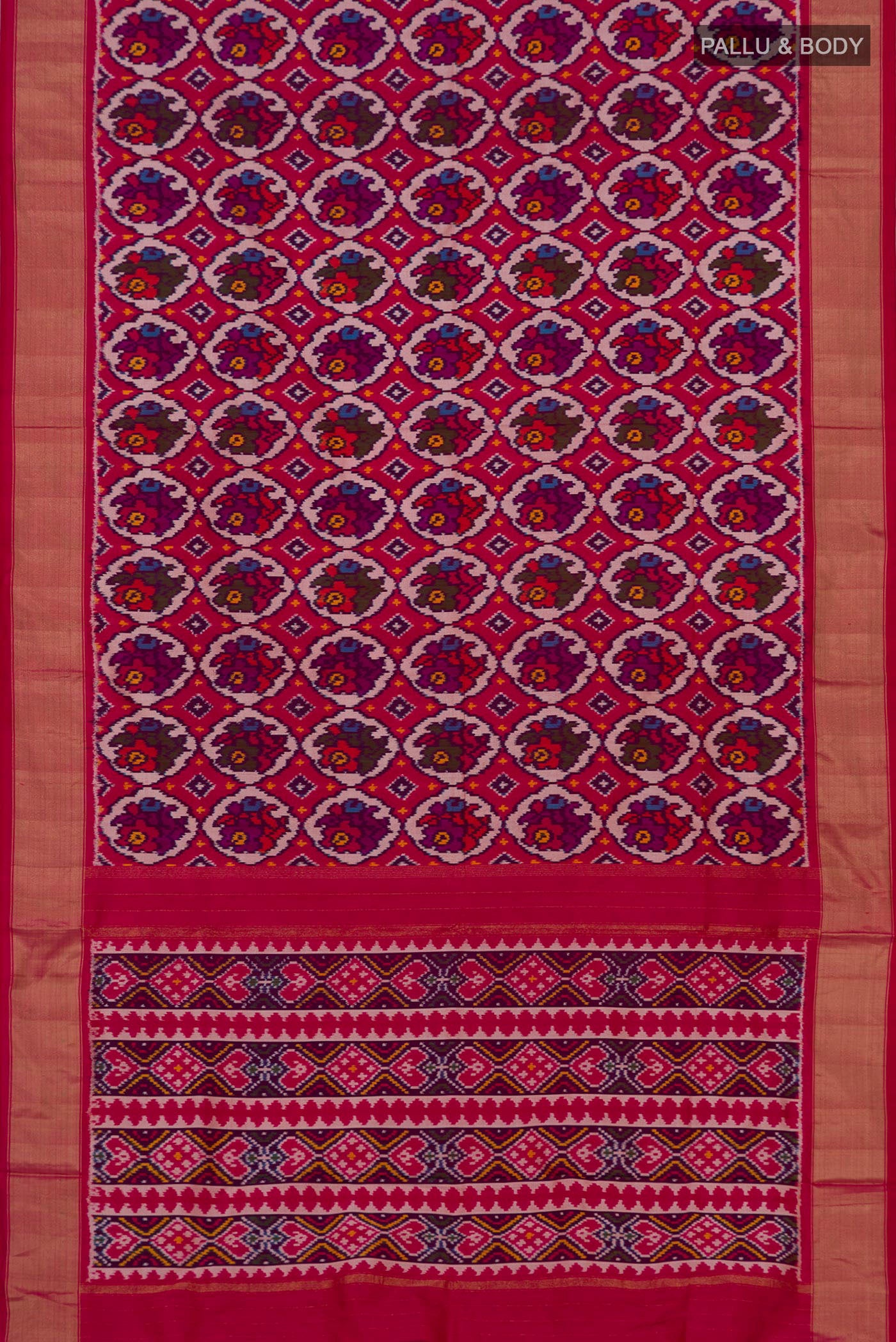 Flat view of Pink Pochampally Saree with Ikat design on the body and Zari Border. 