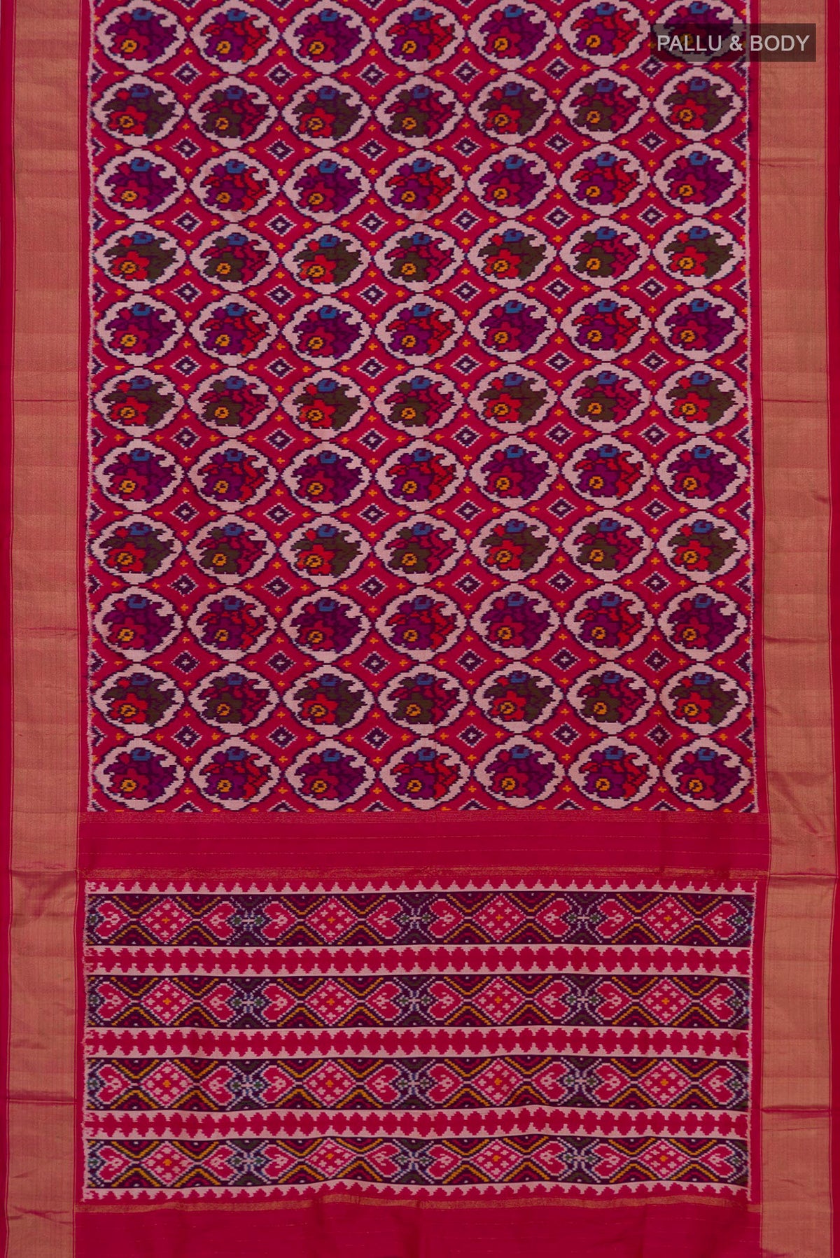Flat view of Pink Pochampally Saree with Ikat design on the body and Zari Border. 