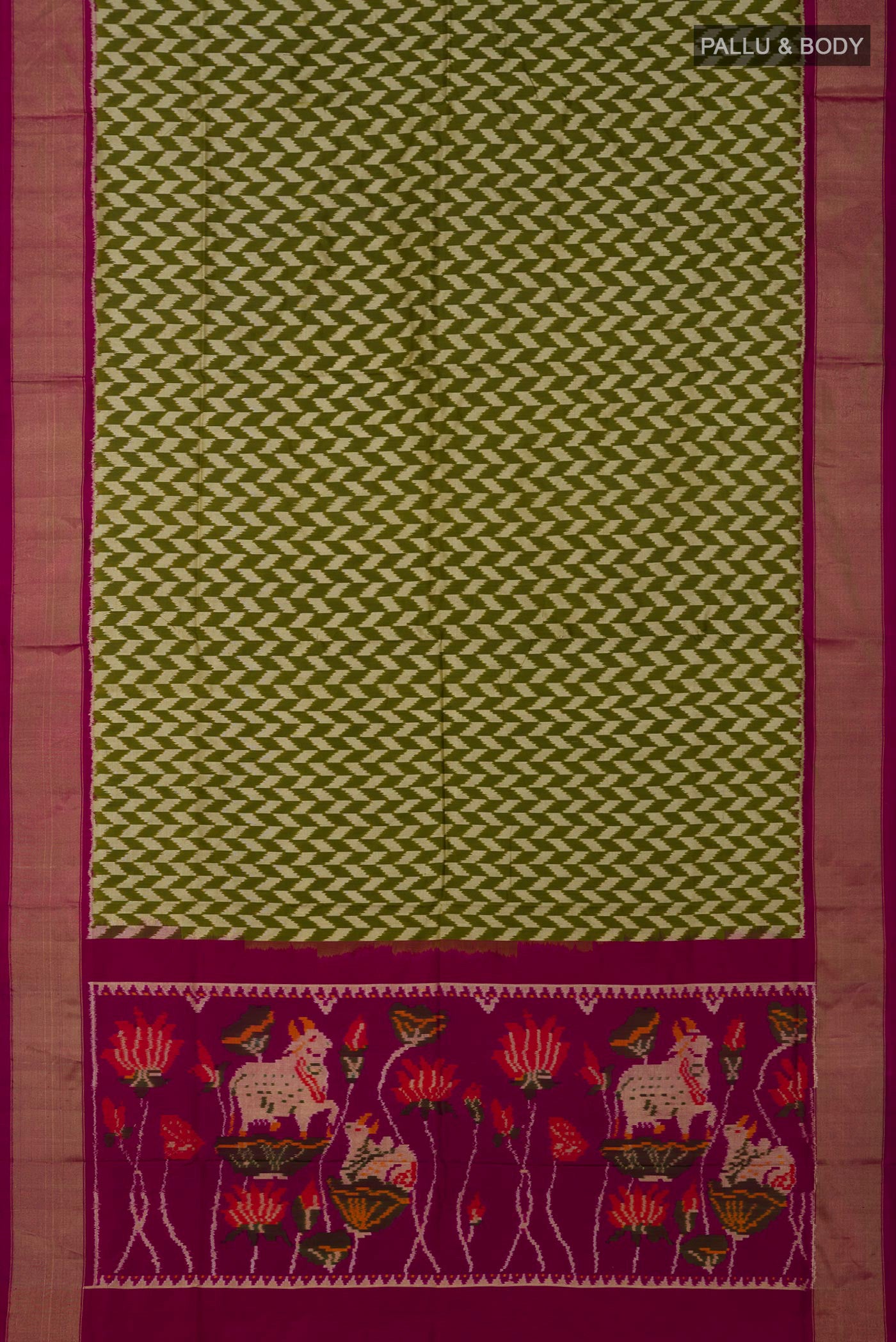 Flat view of Green Pochampally Silk Saree with Ikat design on the body and Zari Border. 