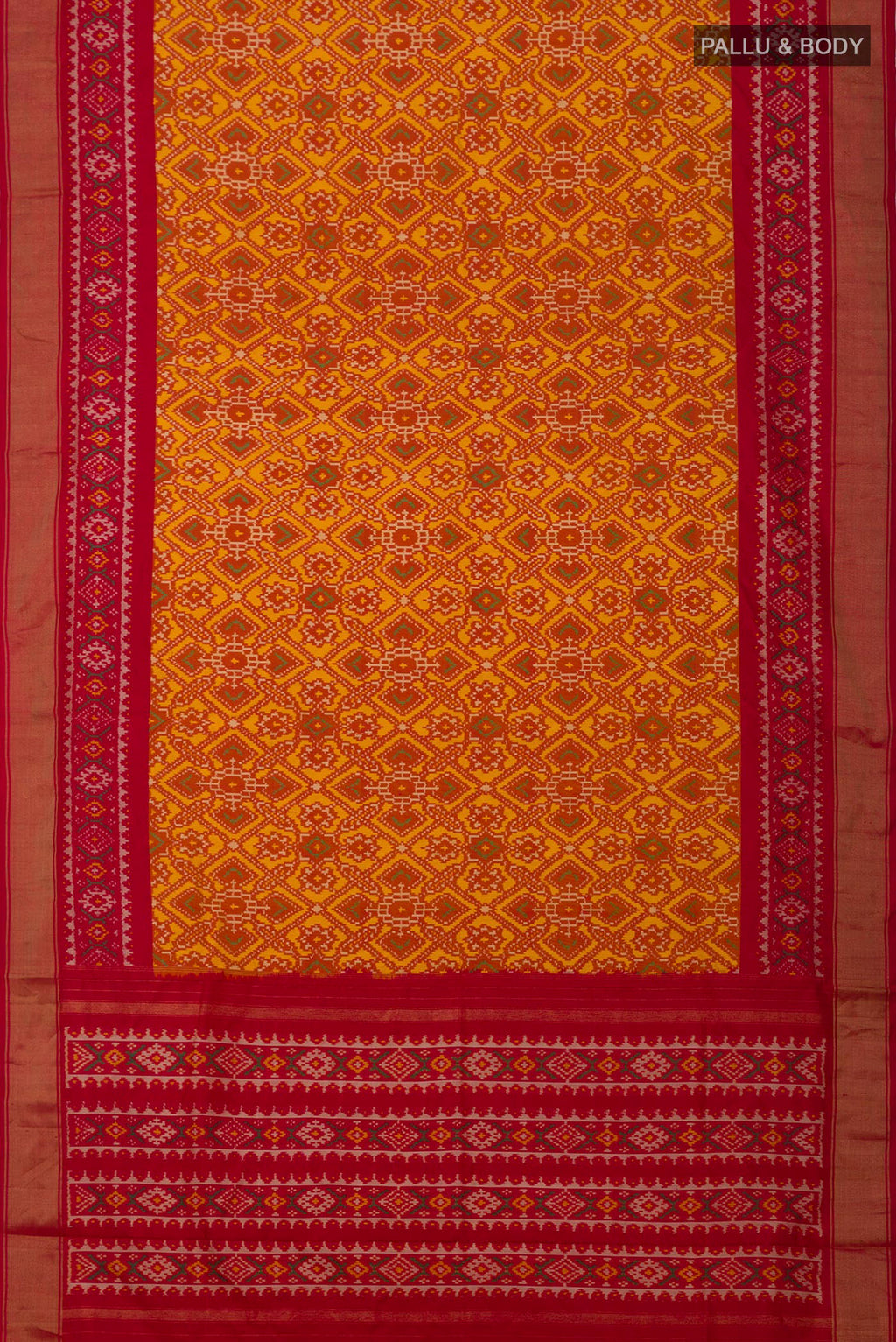 Flat view of Yellow Pochampally Silk Saree with Ikat design on the body and Zari Border. 