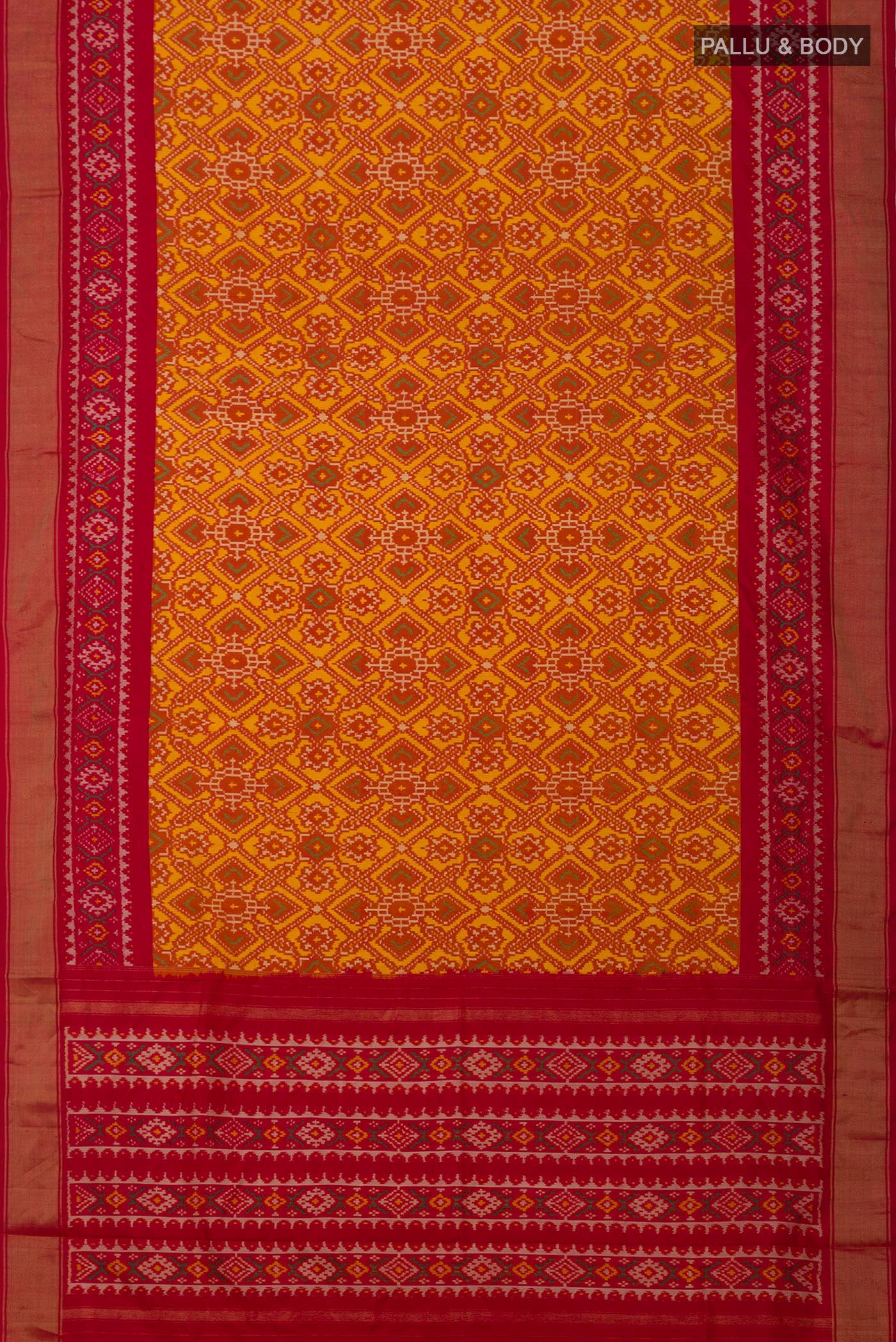 Flat view of Yellow Pochampally Silk Saree with Ikat design on the body and Zari Border. 