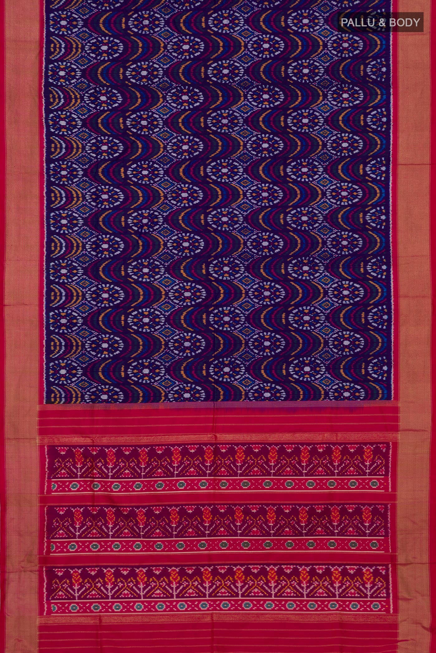 Flat view of Dark Blue Pochampally Silk Saree with Ikat design on the body and Zari Border. 