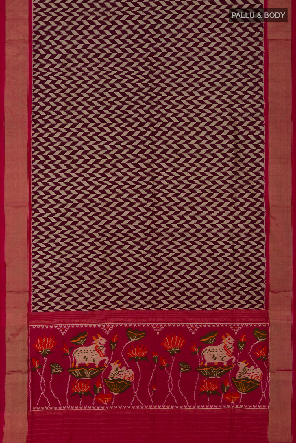 Flat view of Brown Pochampally Silk Saree with Ikat design on the body and Zari Border. 