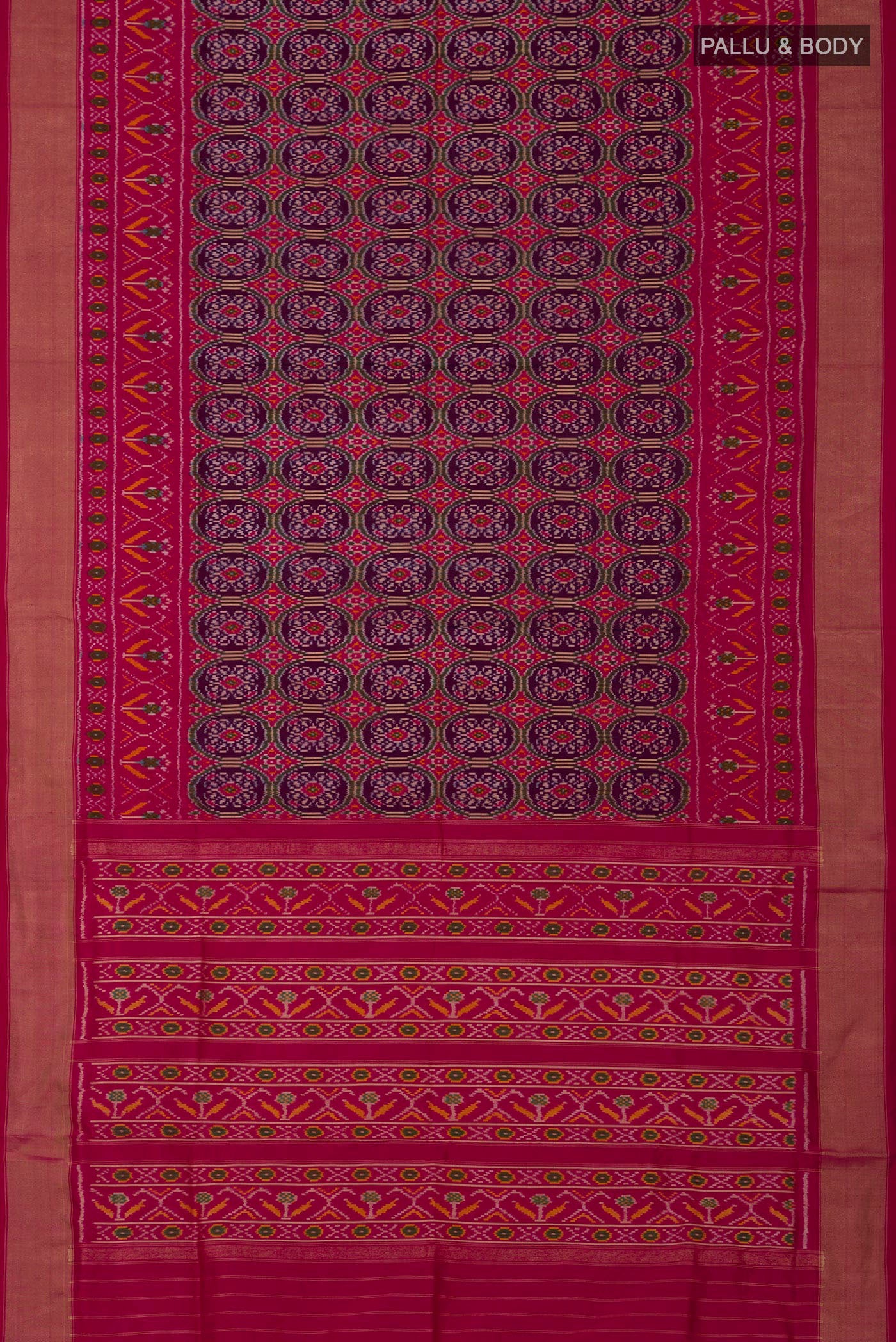 Flat view of Purple Pochampally Silk Saree with Ikat design on the body and Zari Border. 