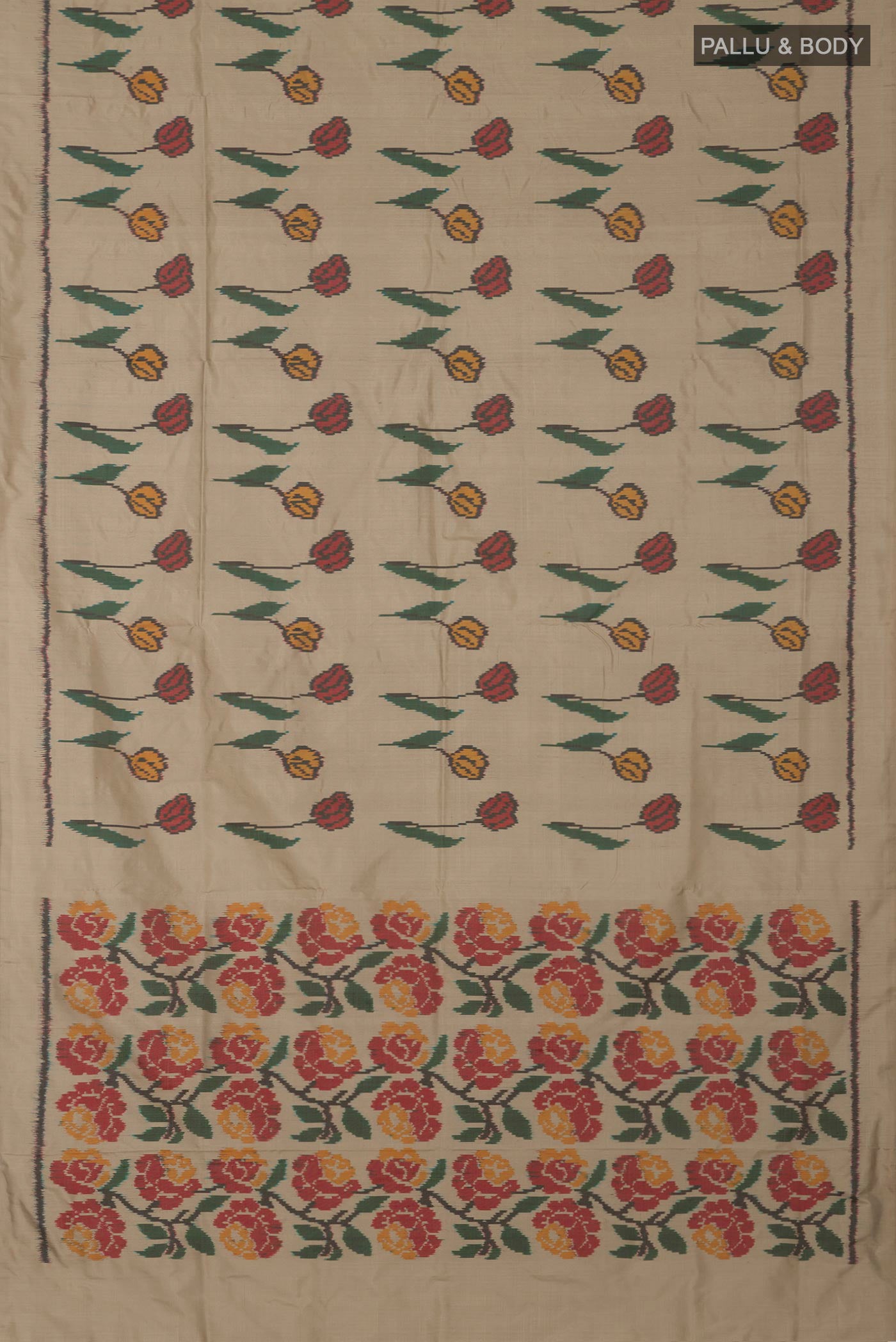 Flat view of Beige Pochampally Silk Saree with Ikat design on the body and Without Border. 