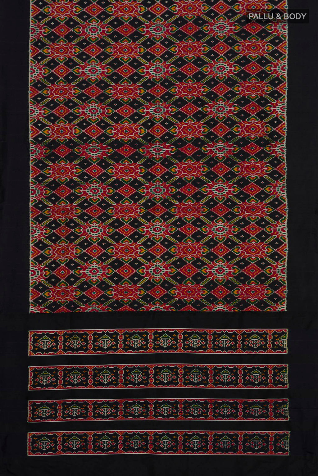 Flat view of Black Pochampally Silk Saree with Ikat design on the body and Plain Border. 