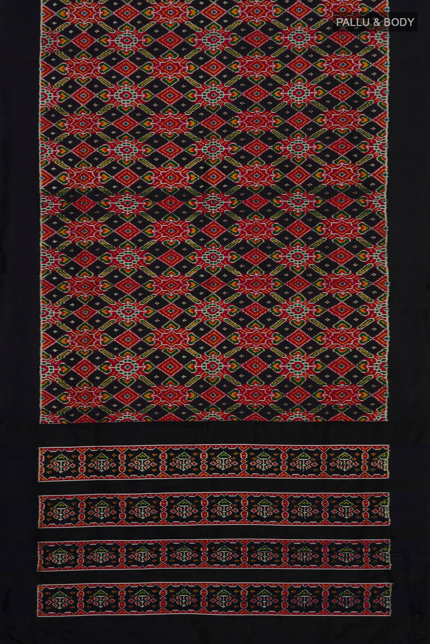 Flat view of Black Pochampally Silk Saree with Ikat design on the body and Plain Border. 