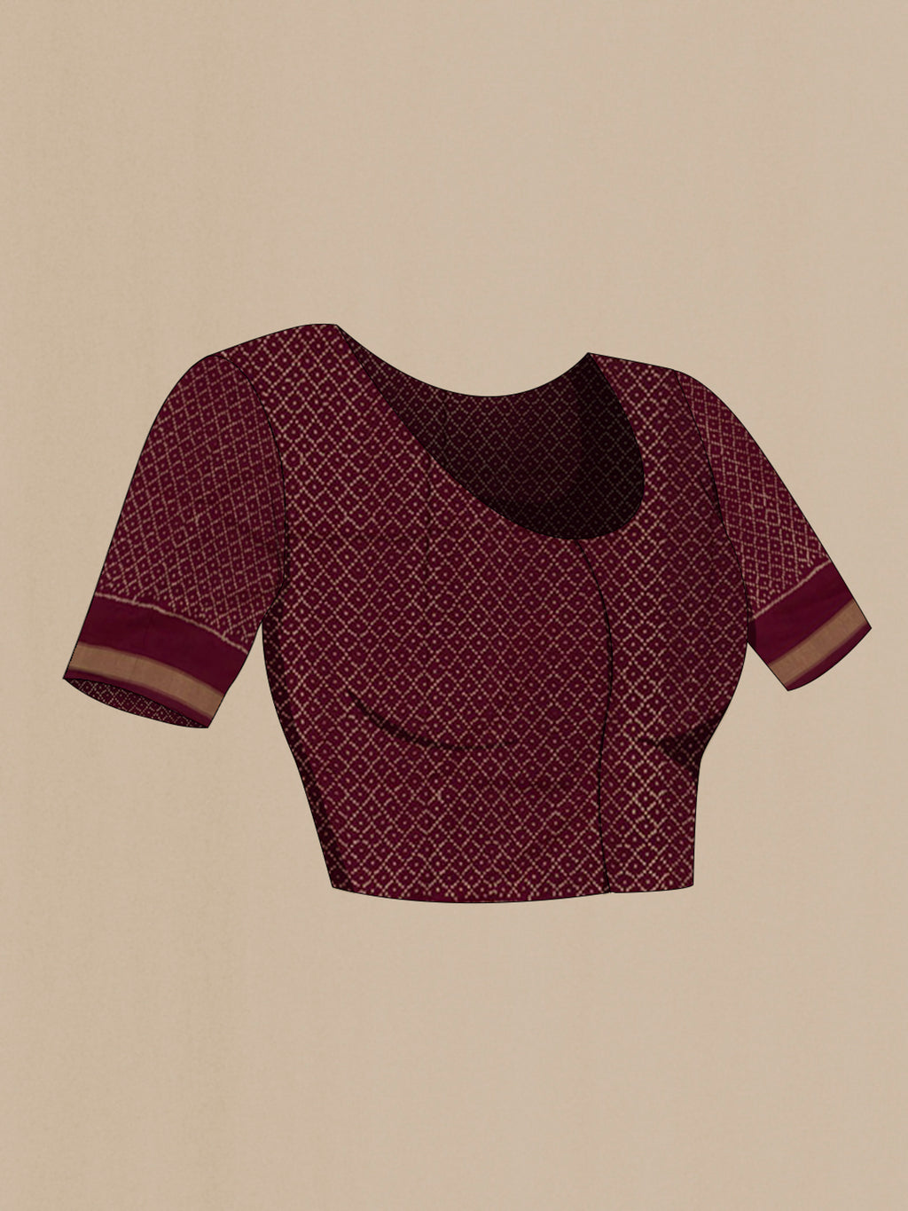 Close up image of the blouse of Brown Pochampally Silk Saree with Ikat design on the body and Zari Border. 