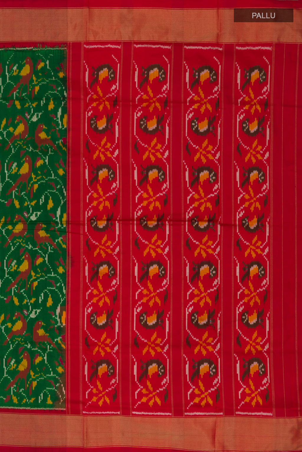 Close up image of the pallu of Green Pochampally Silk Saree with Ikat design on the body and Zari Border. 
