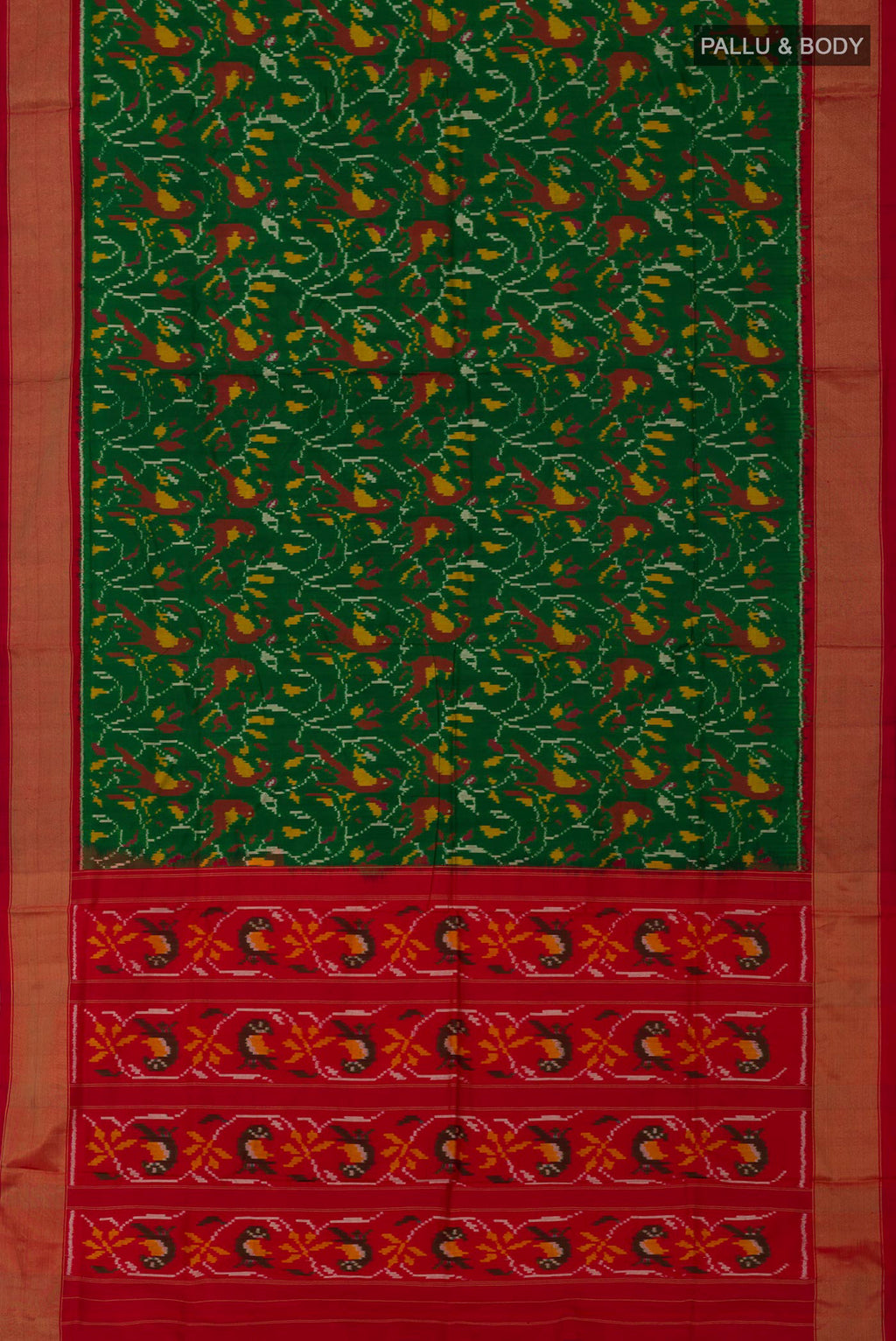 Flat view of Green Pochampally Silk Saree with Ikat design on the body and Zari Border. 