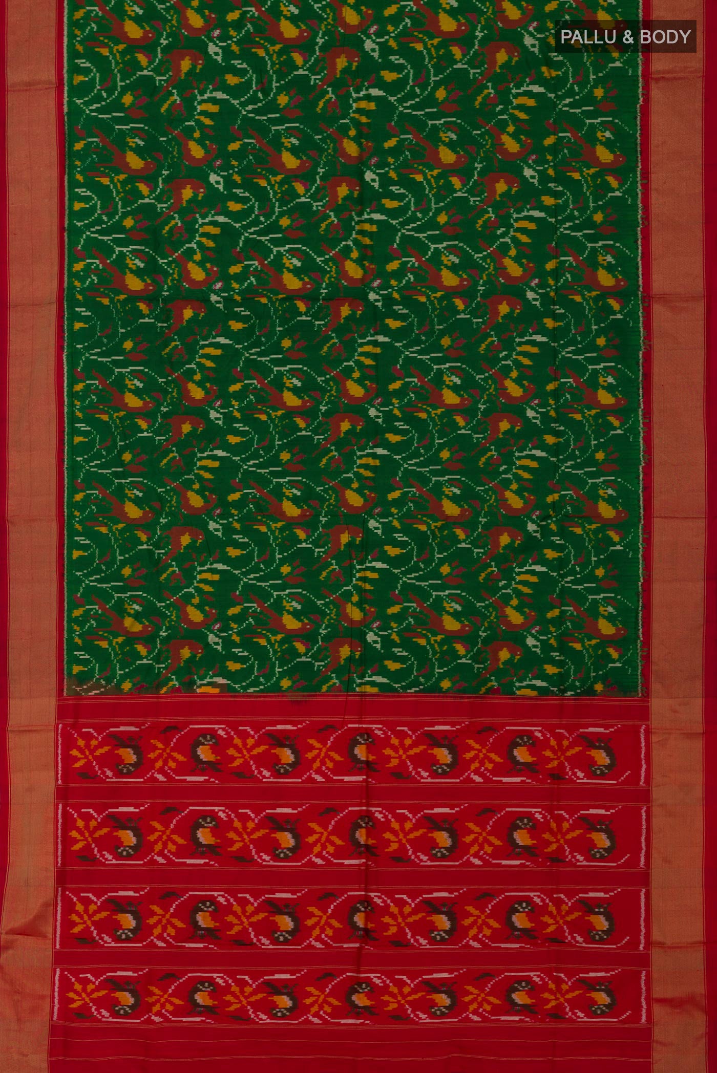 Flat view of Green Pochampally Silk Saree with Ikat design on the body and Zari Border. 