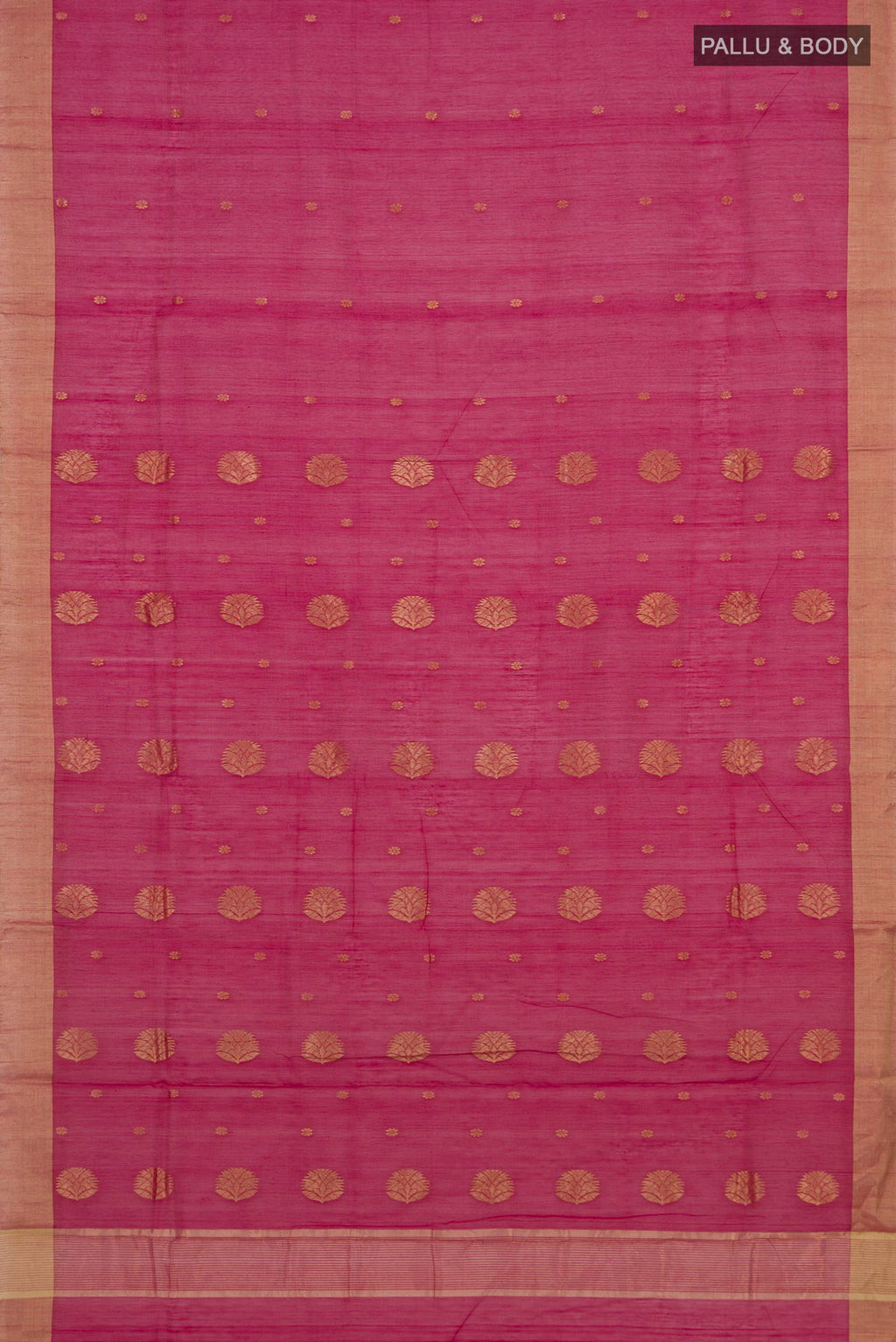 Flat view of Red Chanderi Cotton Saree with Zari Butta on the body and Zari Border. 