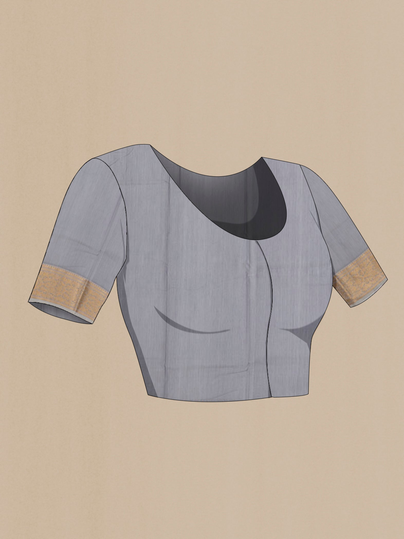 Close up image of the blouse of Grey Chanderi Silk Cotton Saree with Zari Butta on the body and Zari Border. 