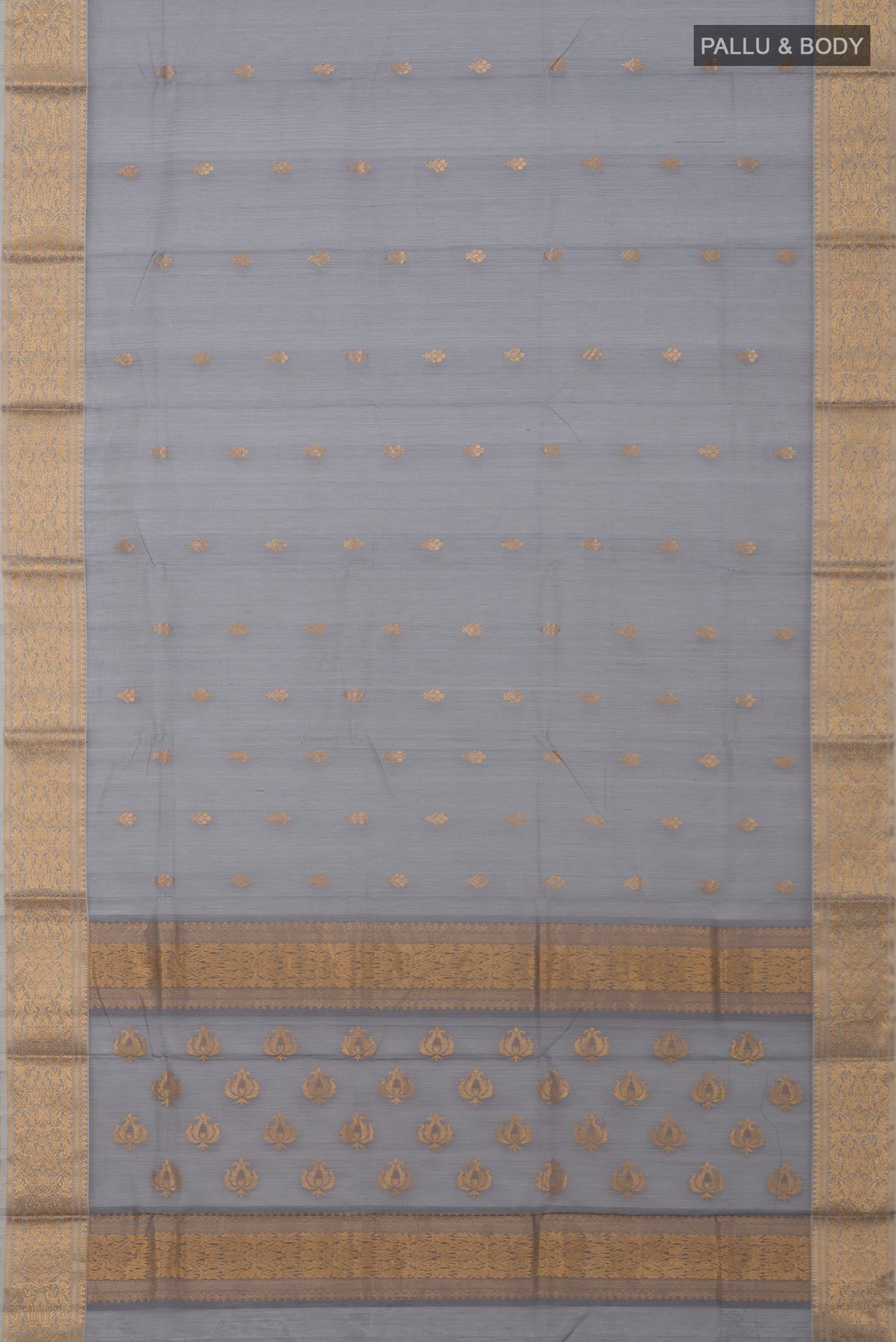 Flat view of Grey Chanderi Silk Cotton Saree with Zari Butta on the body and Zari Border. 