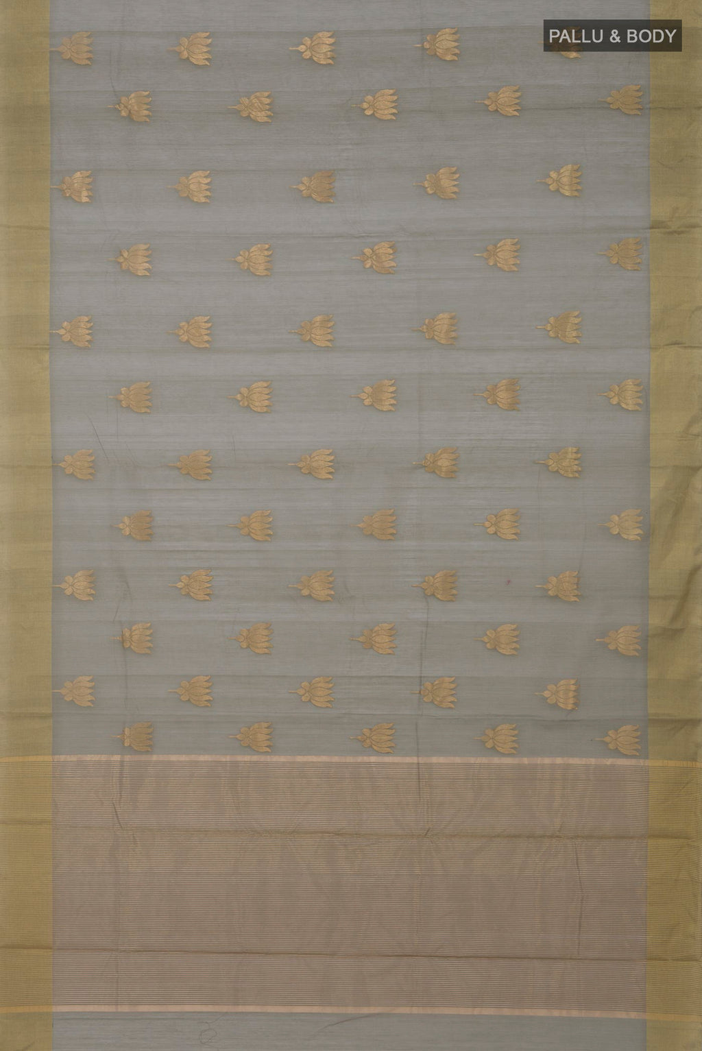Flat view of Sage Green Chanderi Silk Cotton Saree with Zari Butta on the body and Zari Border. 