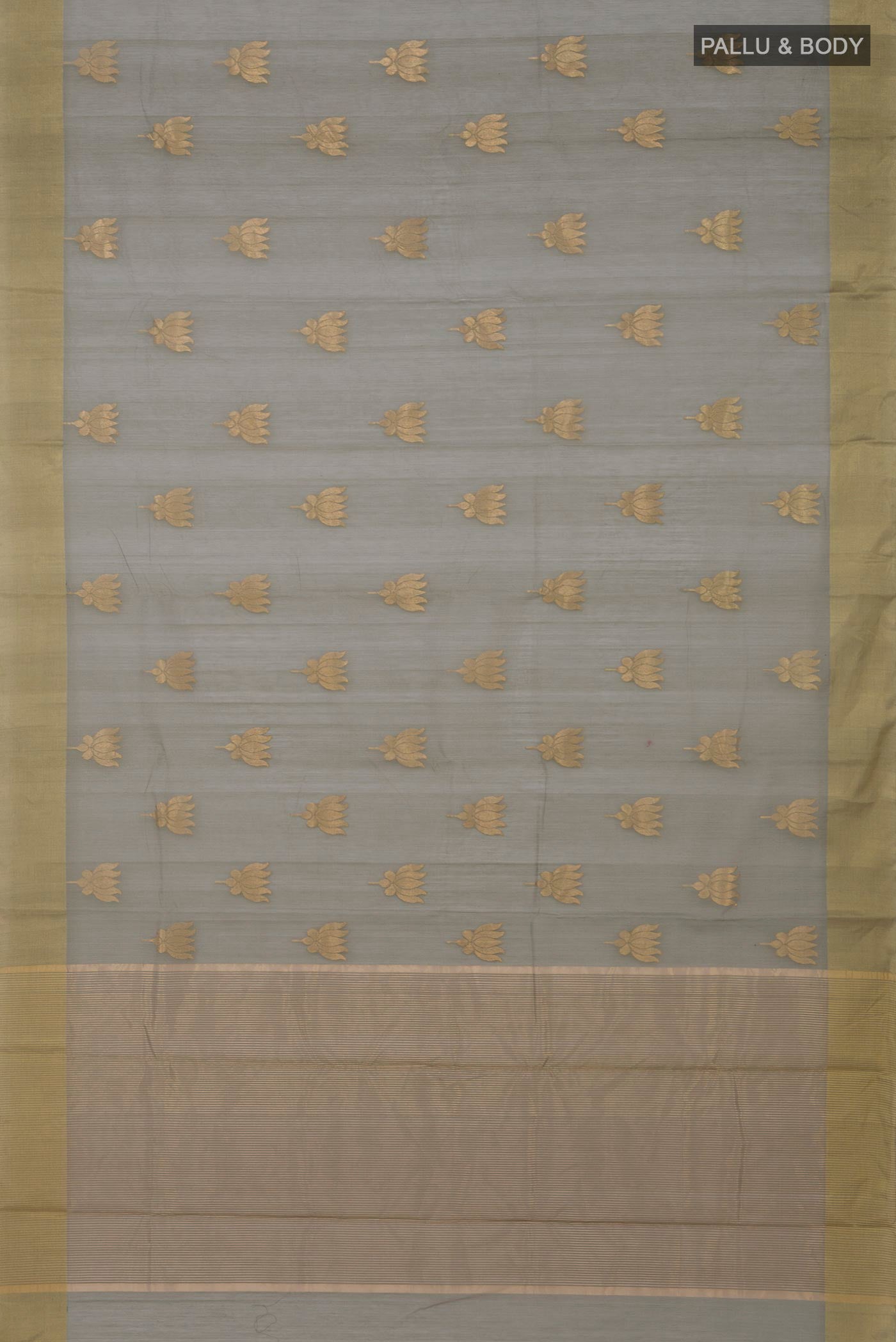 Flat view of Sage Green Chanderi Silk Cotton Saree with Zari Butta on the body and Zari Border. 