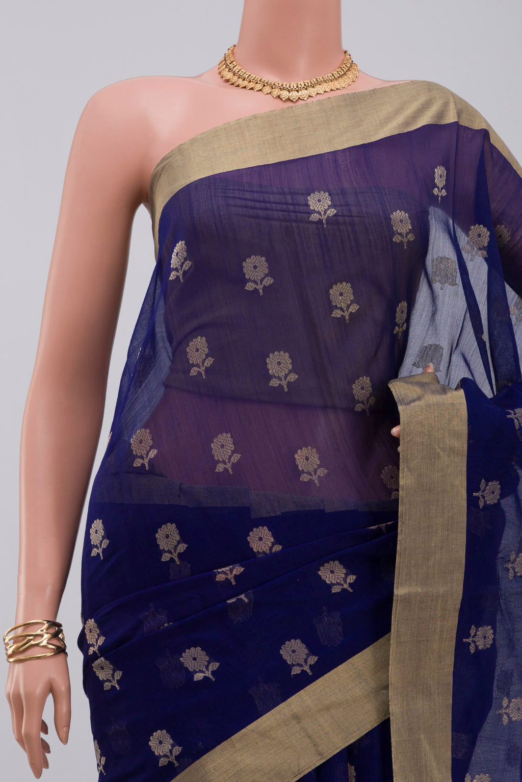 Border image of Blue Chanderi Silk Cotton Saree with Zari Butta on the body and Zari Border. 