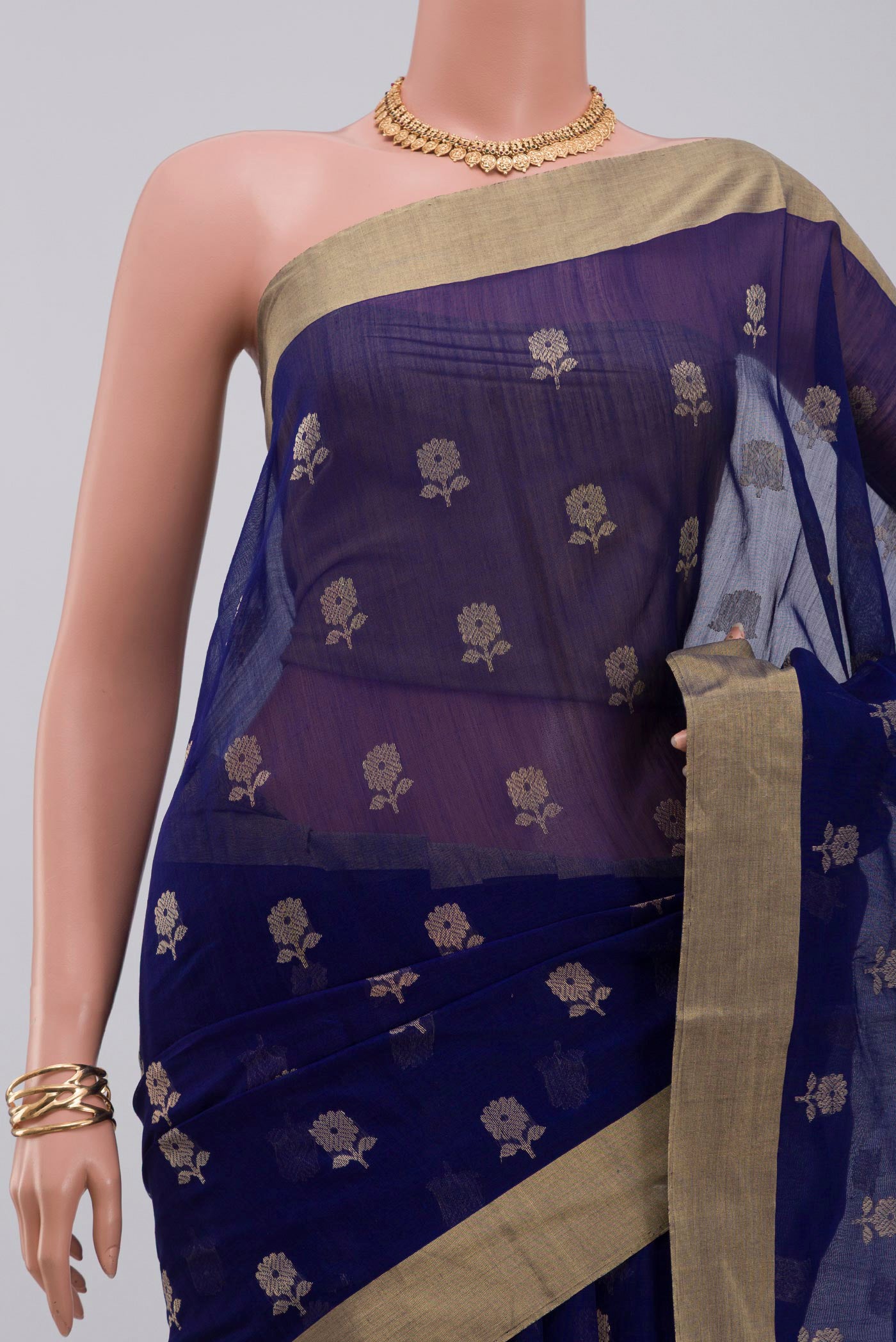 Border image of Blue Chanderi Silk Cotton Saree with Zari Butta on the body and Zari Border. 