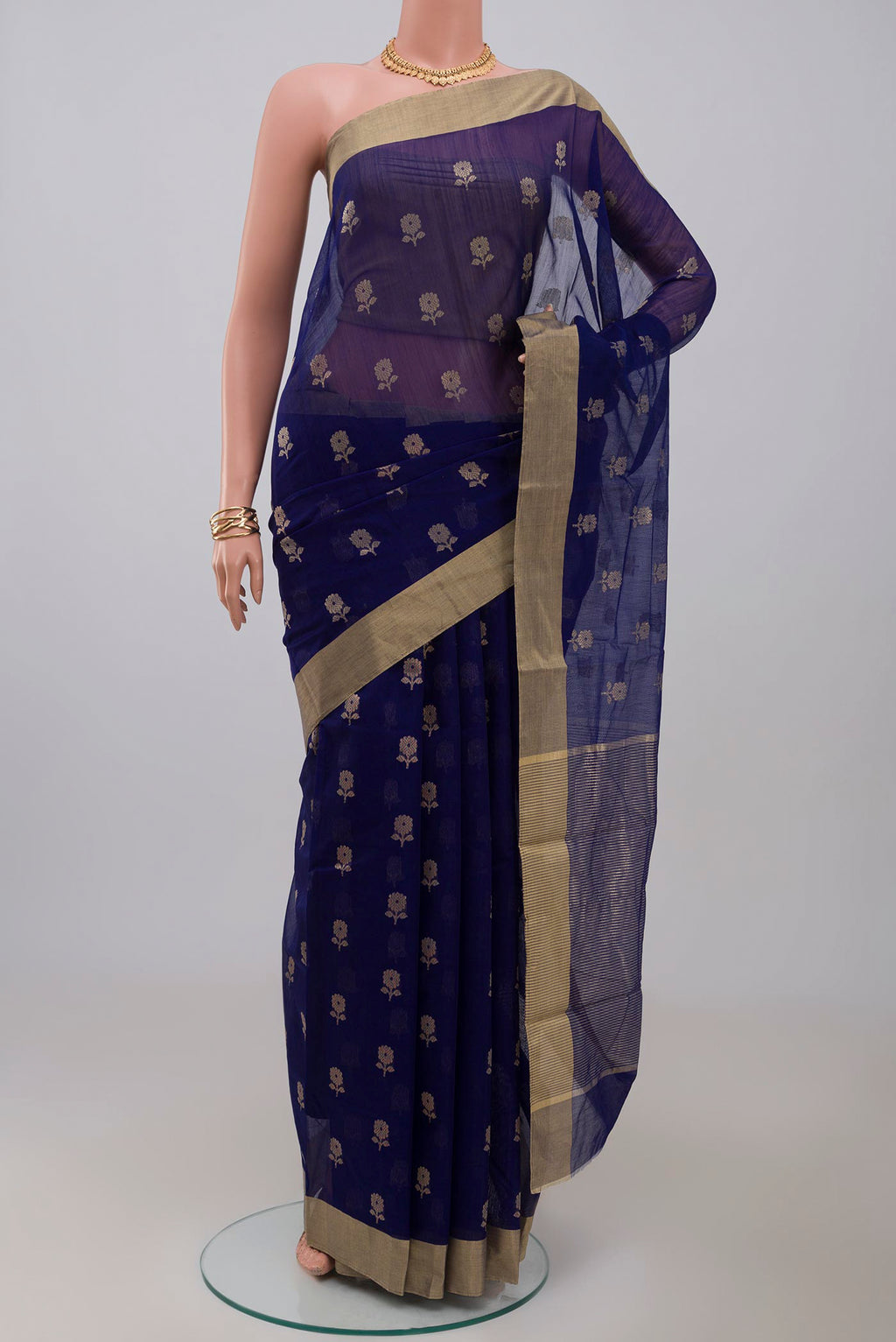 Blue Chanderi Silk Cotton Saree with Zari Butta on the body and Zari Border.  displayed on a mannequin