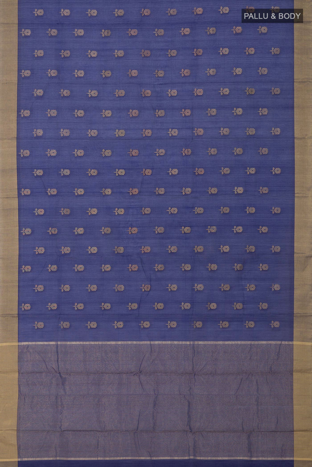 Flat view of Blue Chanderi Silk Cotton Saree with Zari Butta on the body and Zari Border. 
