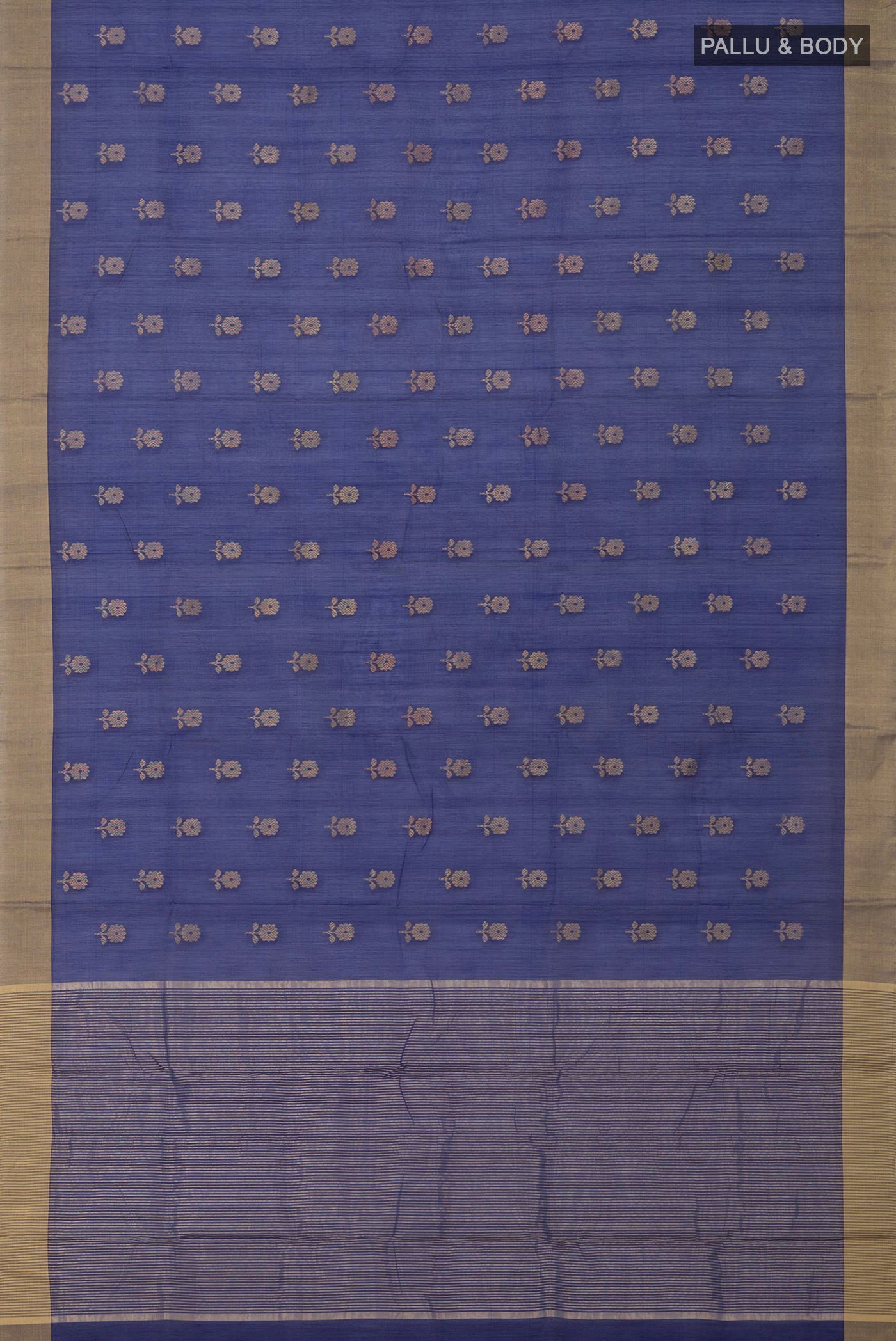 Flat view of Blue Chanderi Silk Cotton Saree with Zari Butta on the body and Zari Border. 