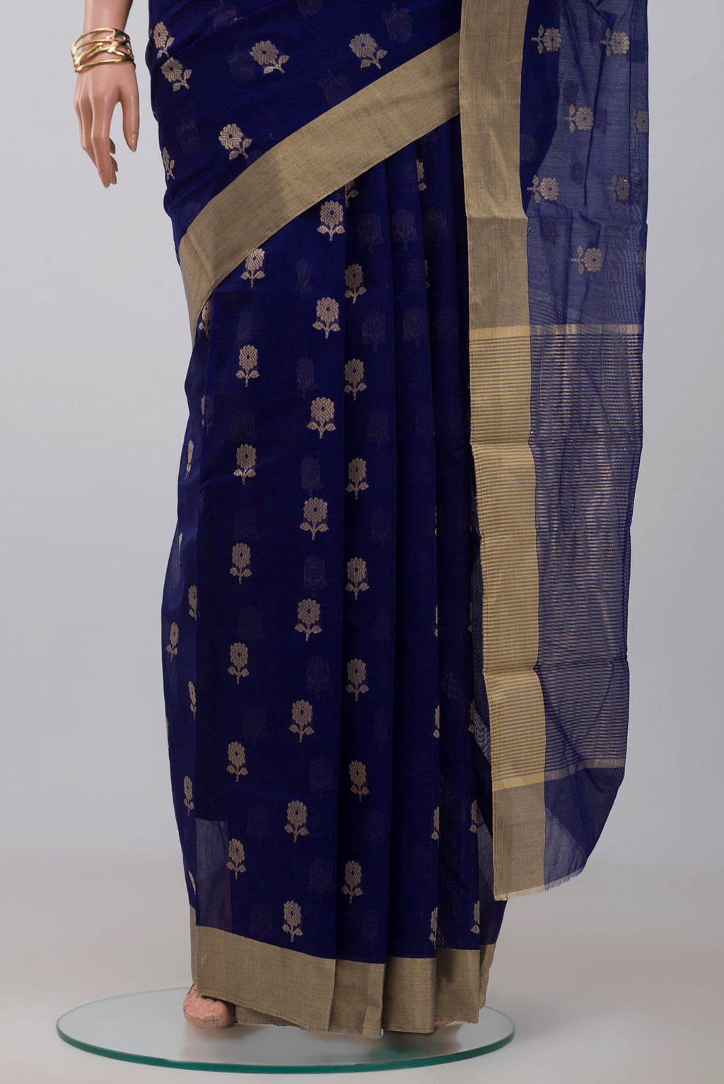 Pleats and pallu of Blue Chanderi Silk Cotton Saree with Zari Butta on the body and Zari Border. 