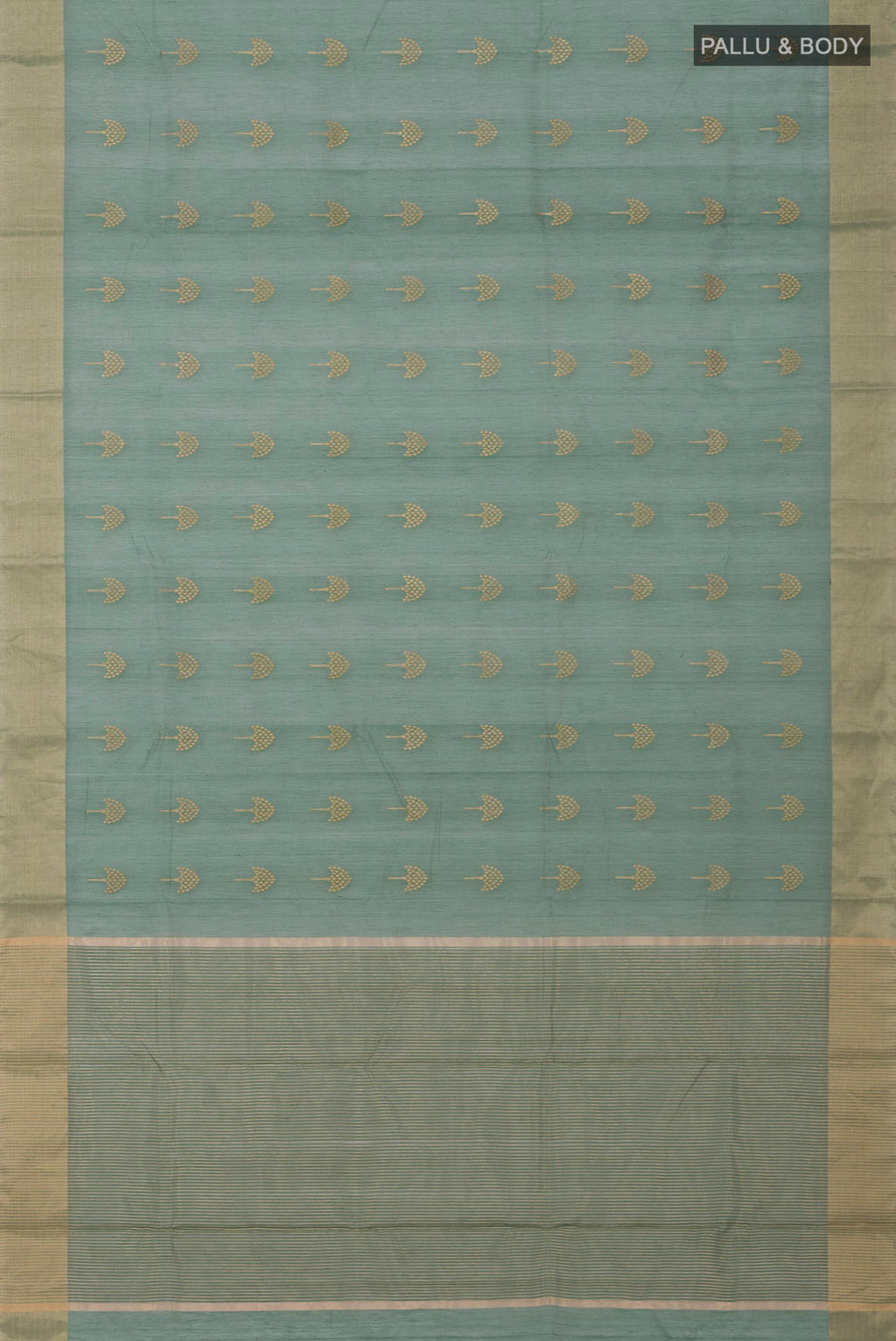 Flat view of Pista Green Chanderi Silk Cotton Saree with Zari Butta on the body and Zari Border. 