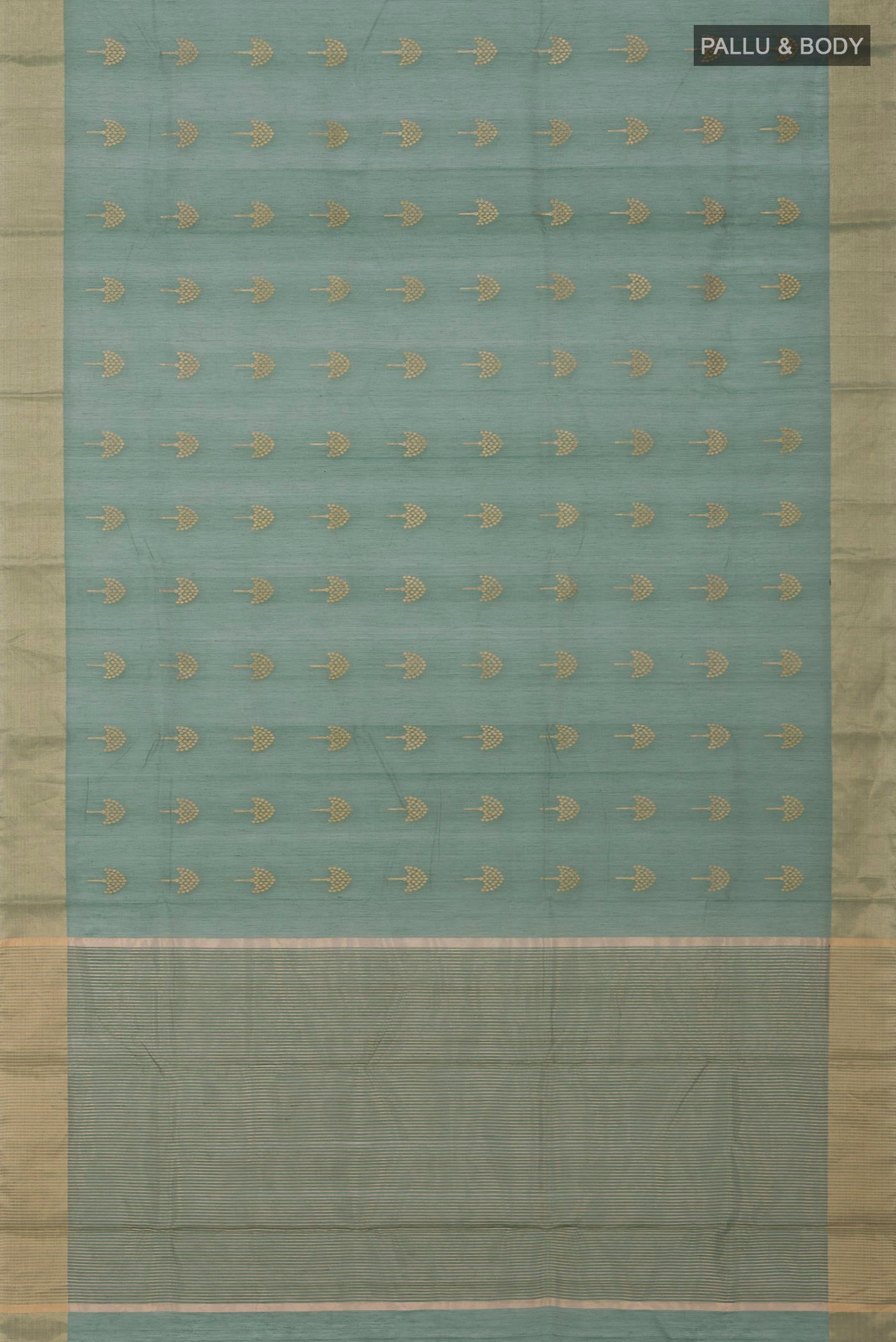 Flat view of Pista Green Chanderi Silk Cotton Saree with Zari Butta on the body and Zari Border. 
