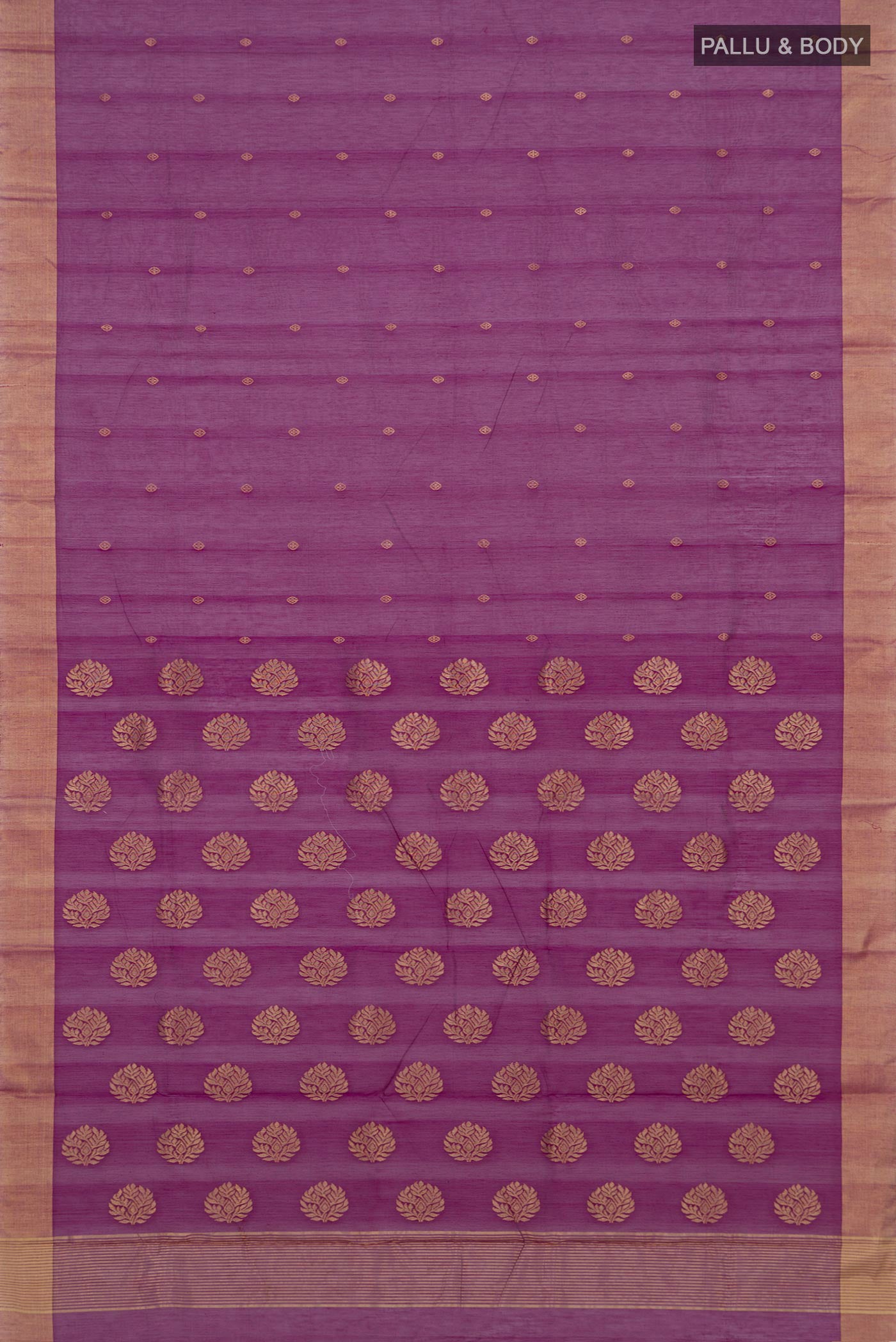 Flat view of Purple Chanderi Silk Cotton Saree with Zari Butta on the body and Zari Border. 
