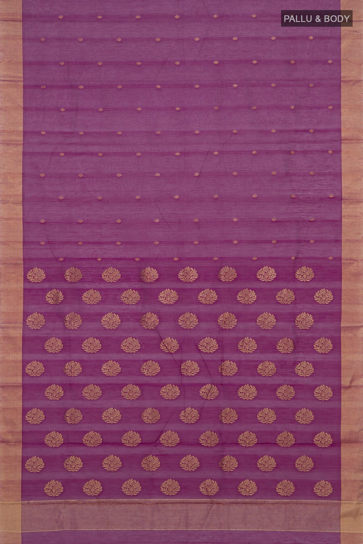 Flat view of Purple Chanderi Silk Cotton Saree with Zari Butta on the body and Zari Border. 