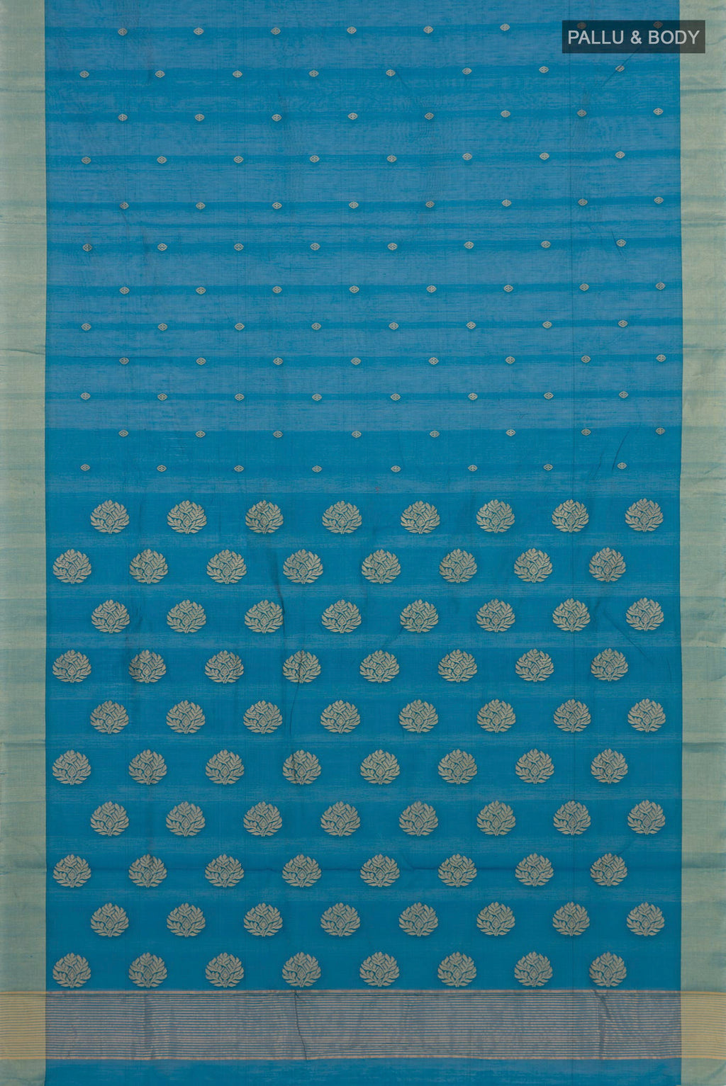 Flat view of Blue Chanderi Silk Cotton Saree with Zari Butta on the body and Zari Border. 