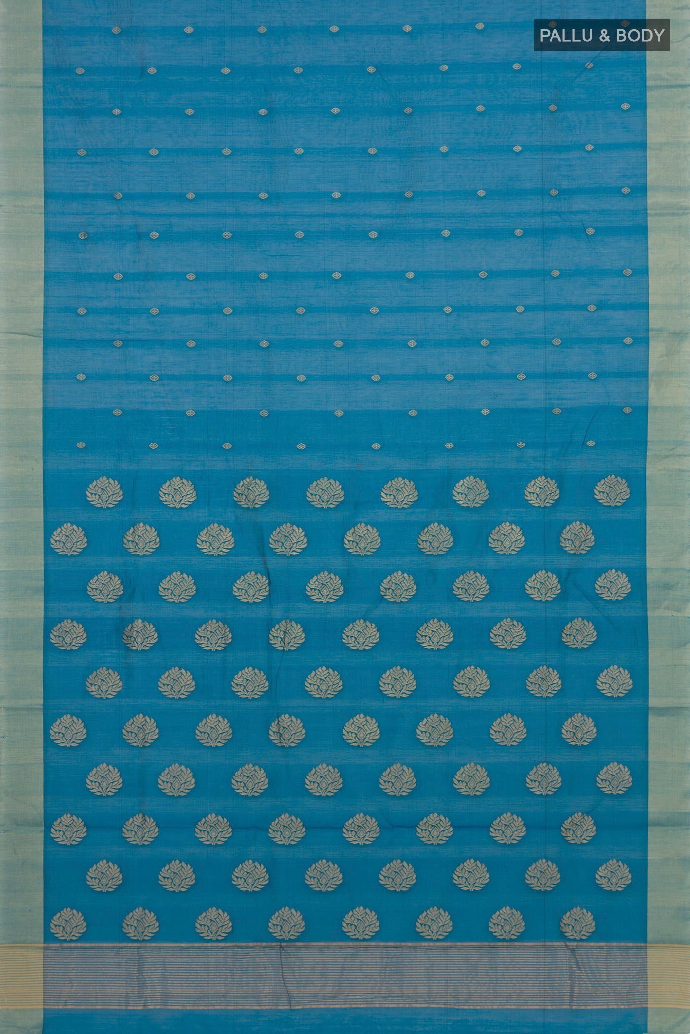 Flat view of Blue Chanderi Silk Cotton Saree with Zari Butta on the body and Zari Border. 