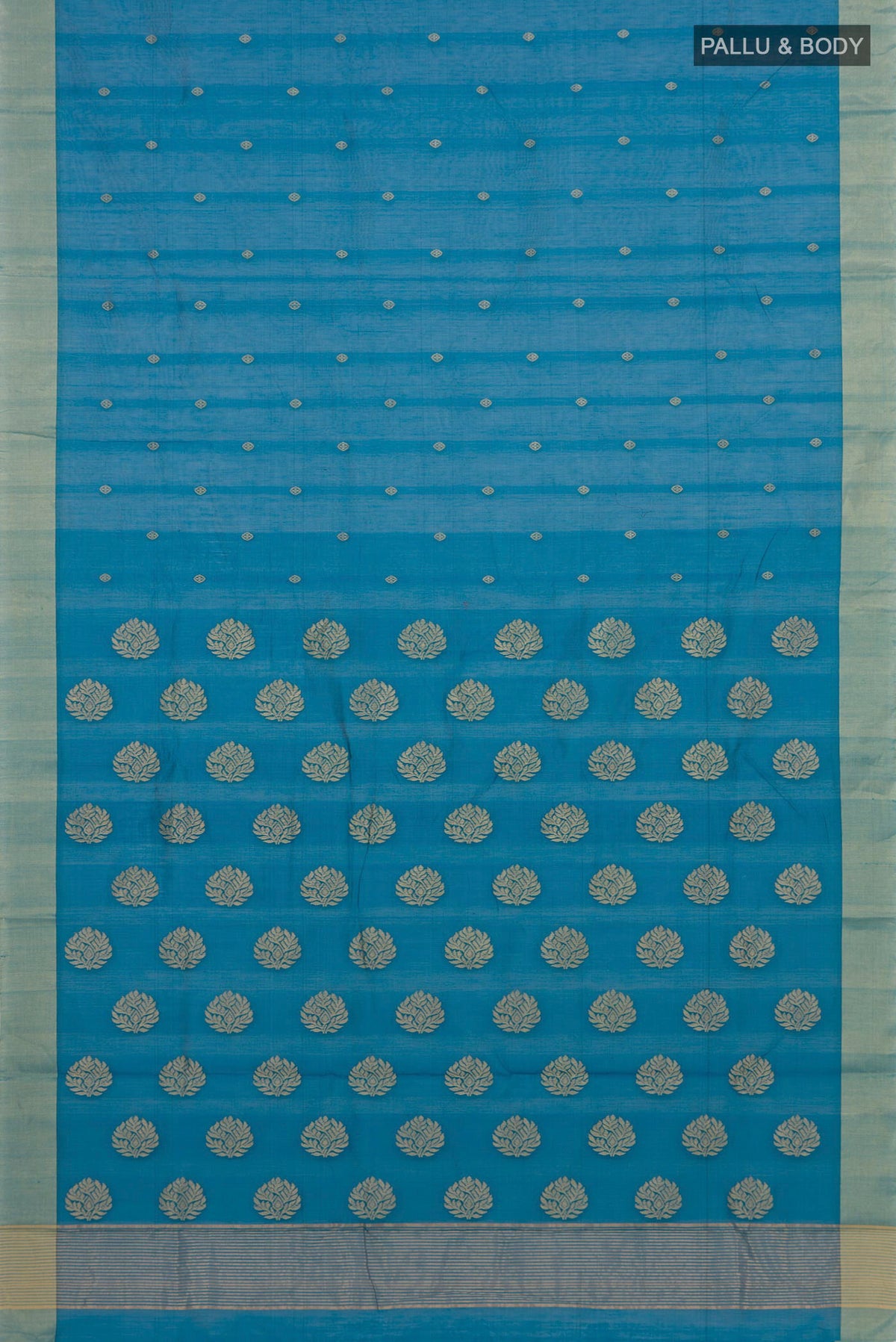 Flat view of Blue Chanderi Silk Cotton Saree with Zari Butta on the body and Zari Border. 